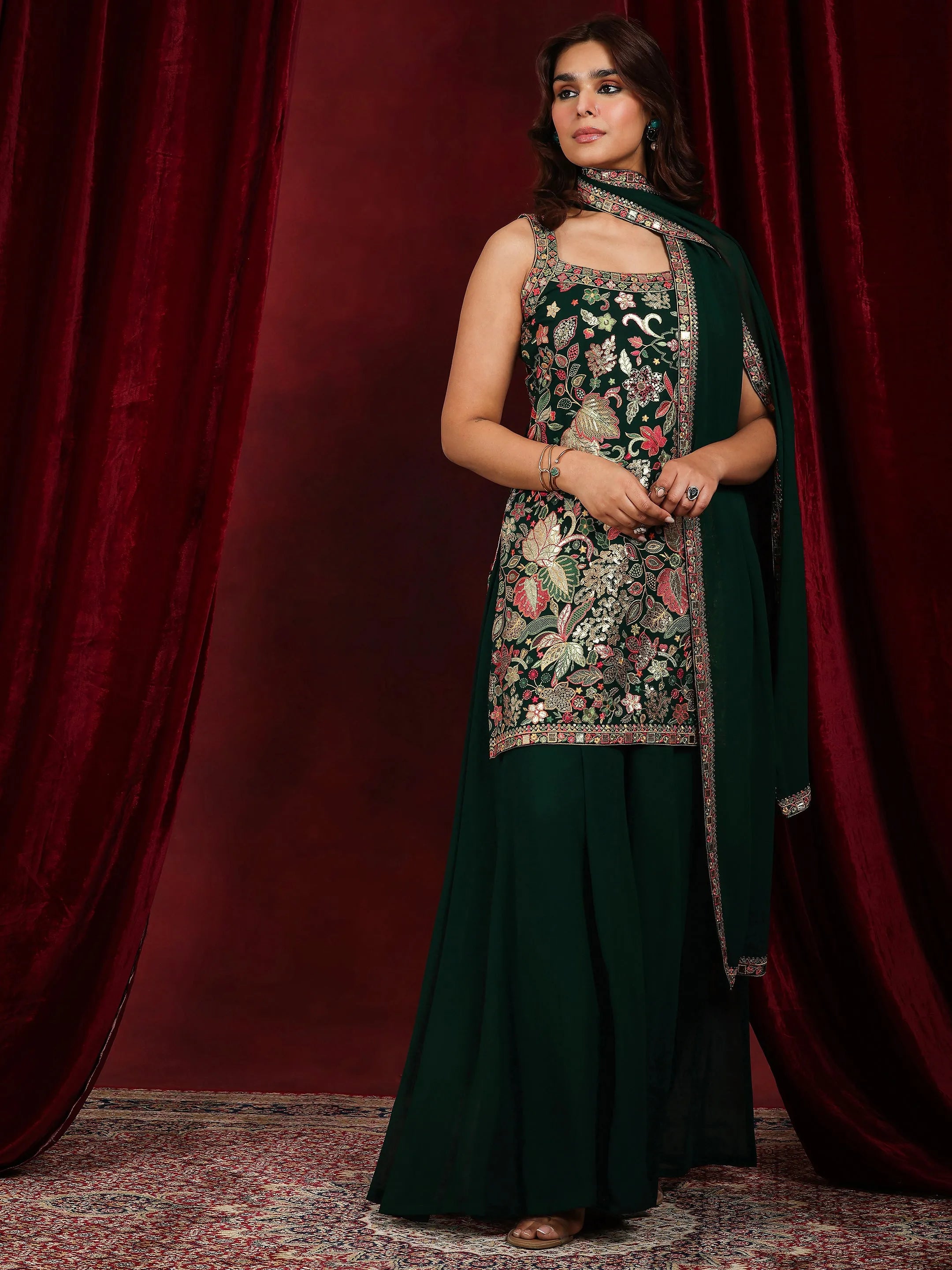 Libas Art Green Embroidered Georgette Straight Suit With Dupatta-image-33