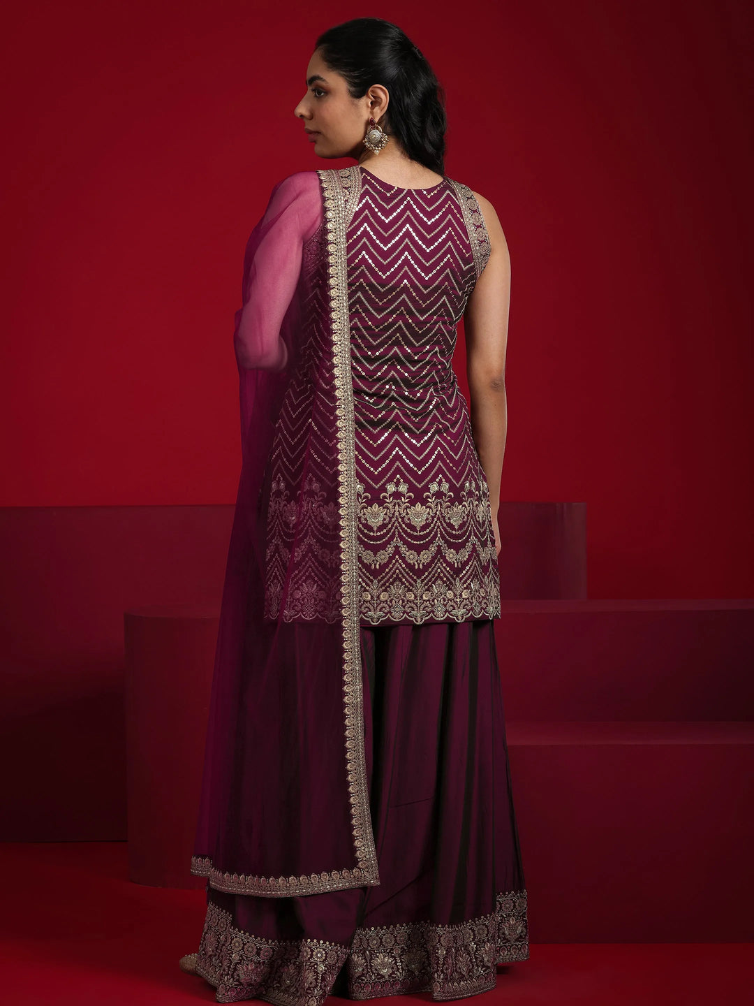  Libas Art Wine Embroidered Silk Blend Straight Suit With Dupatta 