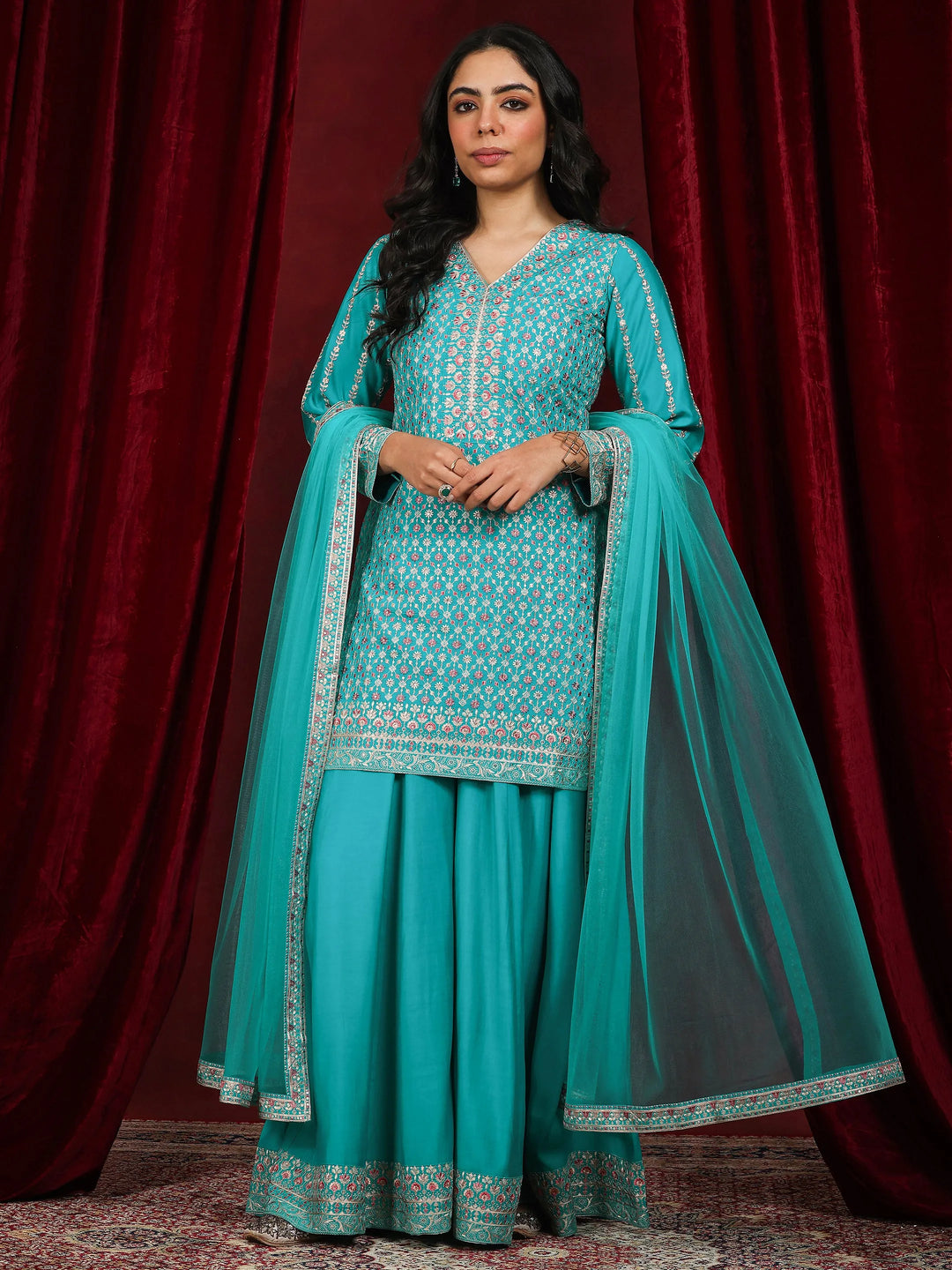  Libas Art Green Embroidered Silk Blend Straight Suit With Dupatta 