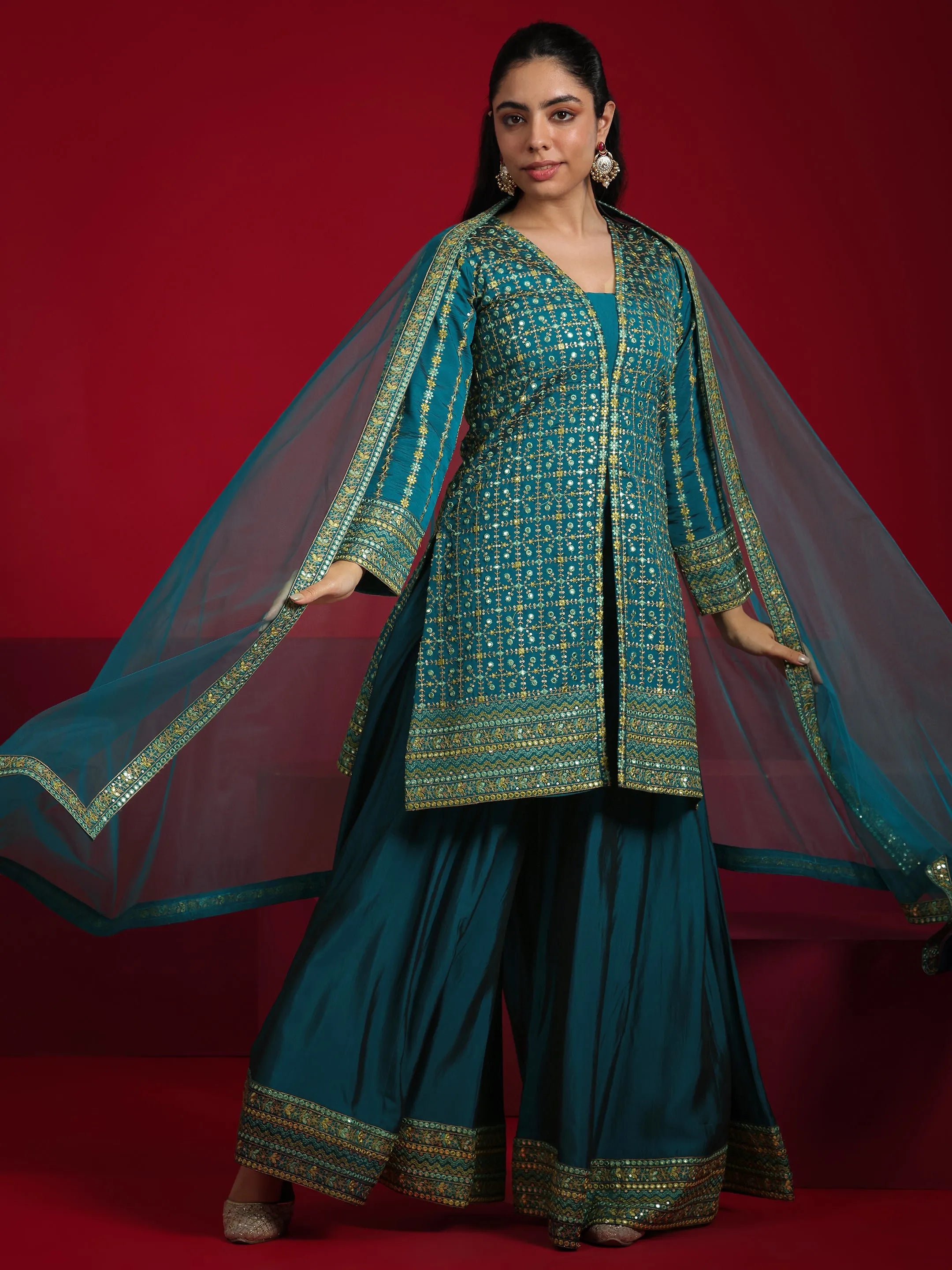 Libas Art Teal Embroidered Silk Blend Straight Suit With Dupatta-picture-28