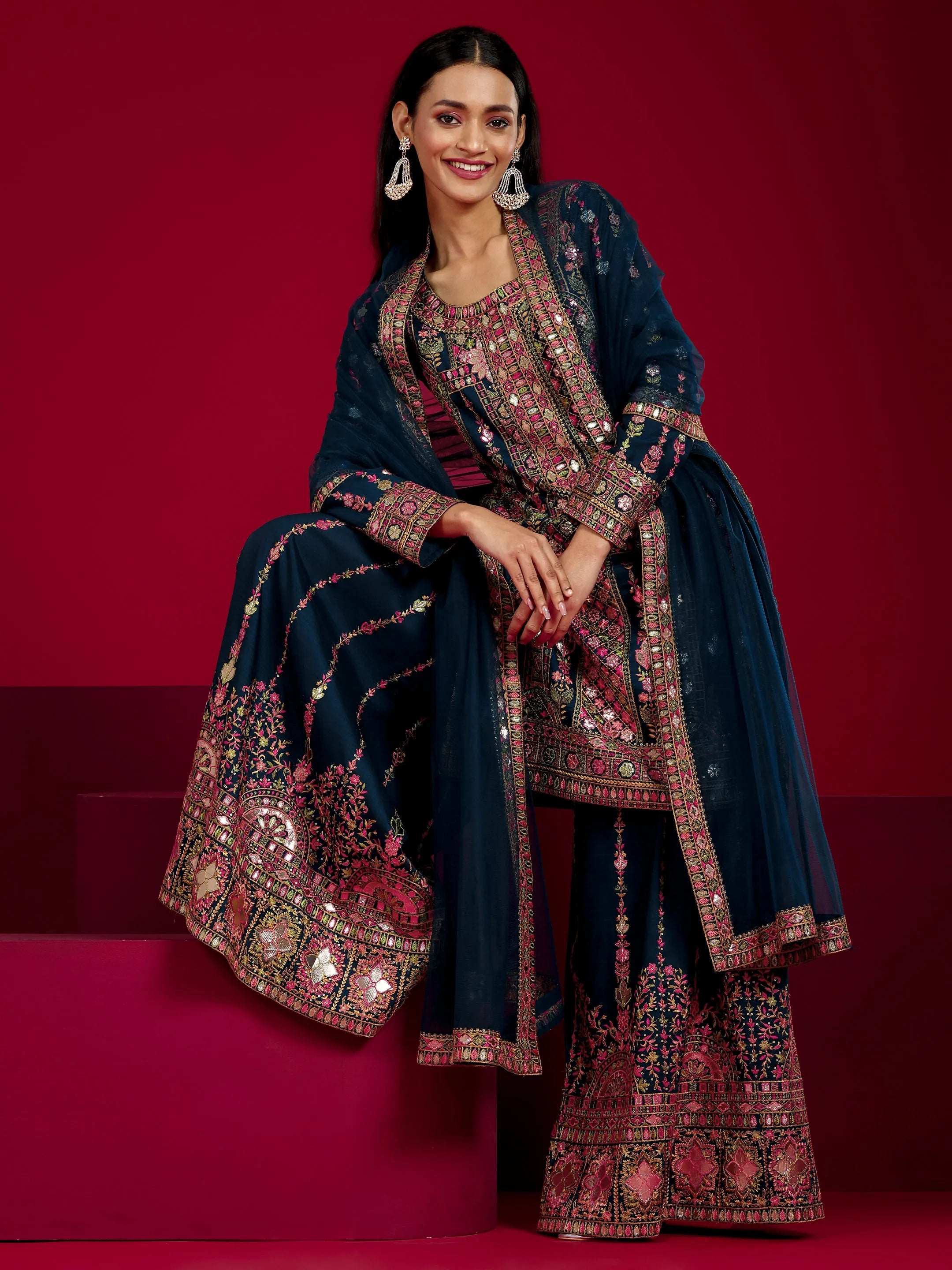 Libas Art Teal Embroidered Silk Blend Straight Suit With Dupatta-picture-27