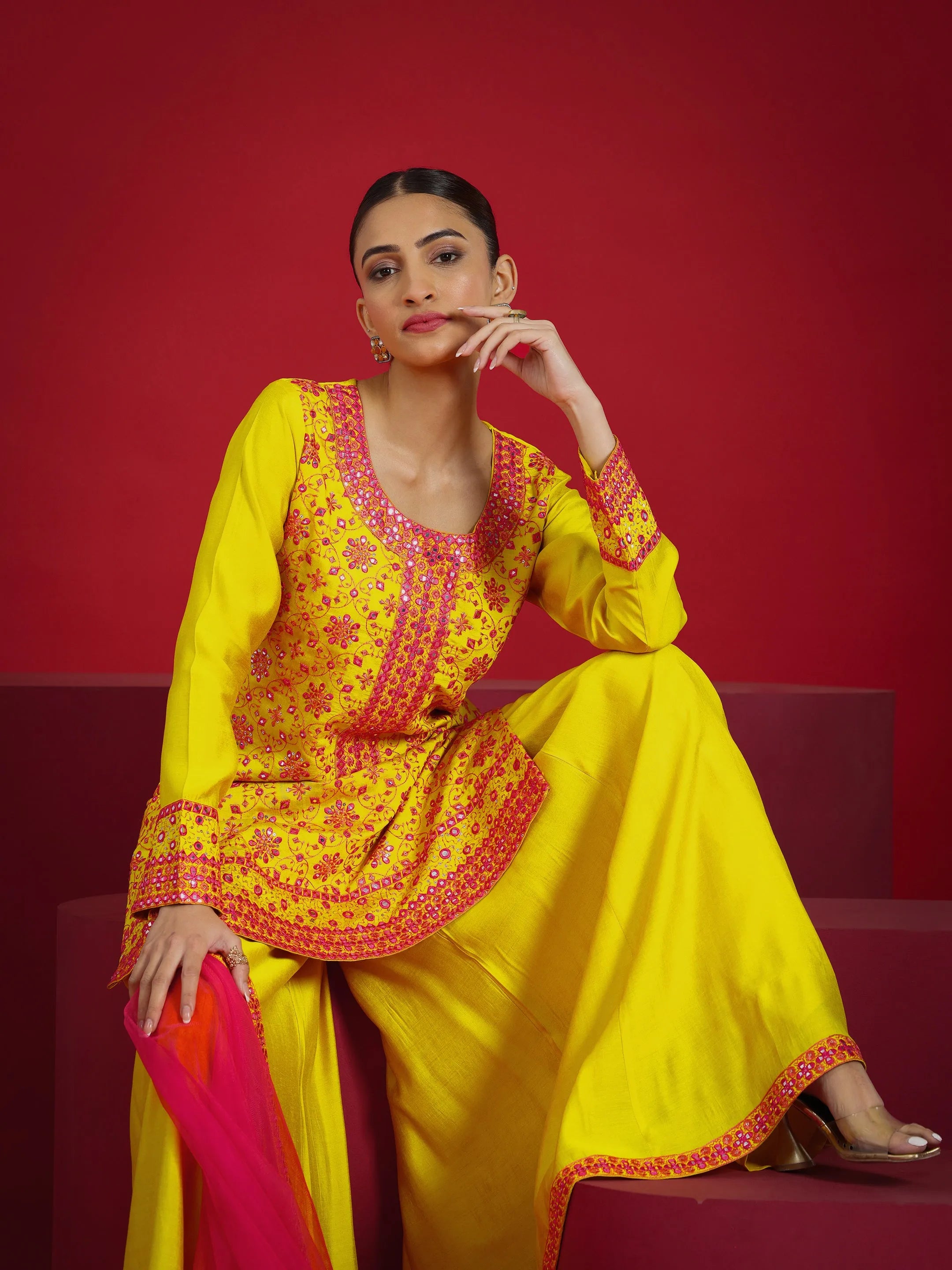 Libas Art Mustard Embroidered Silk Blend Straight Suit With Dupatta-picture-35