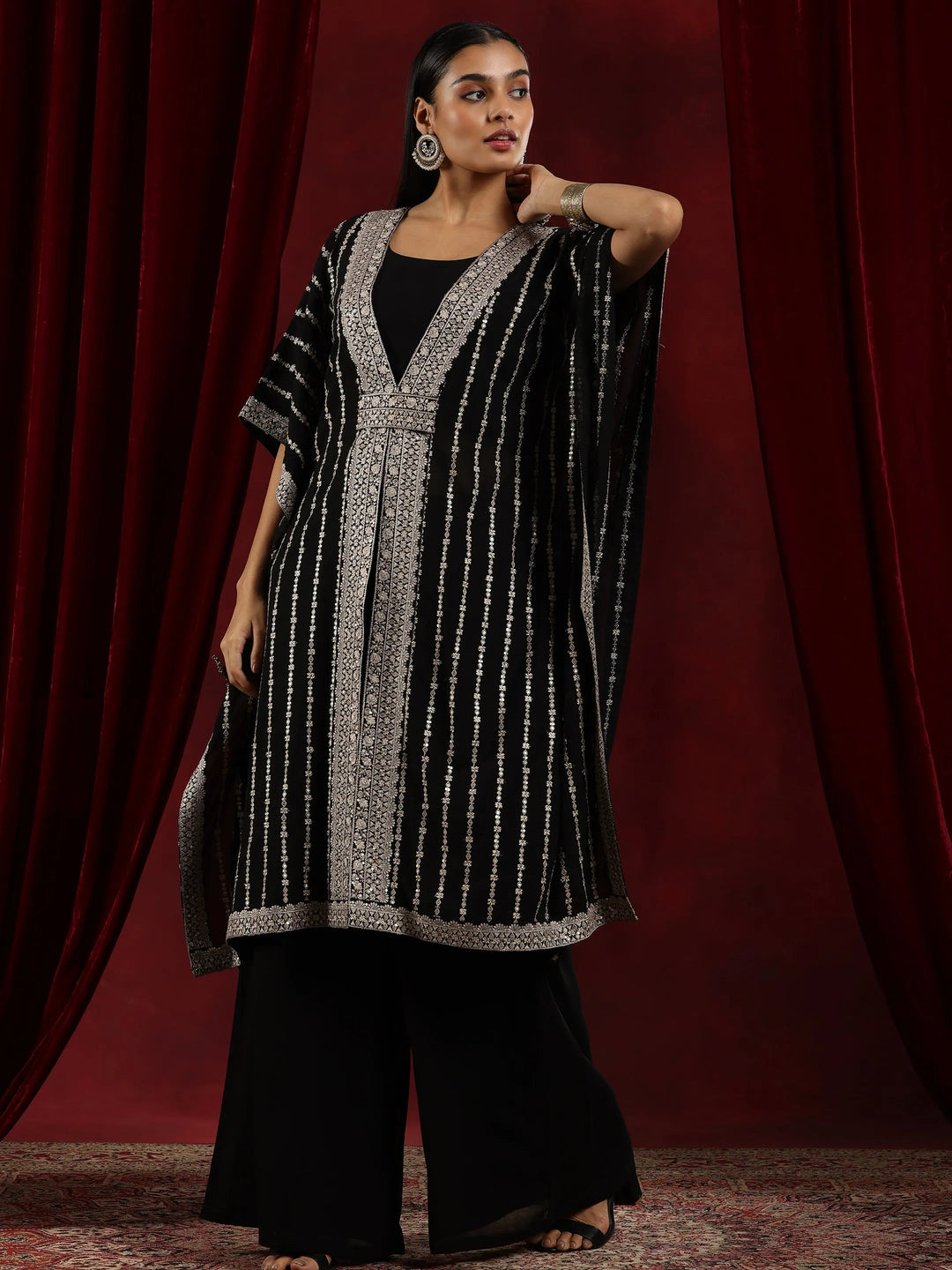  Libas Art Black Embroidered Georgette Straight Kurta Set 