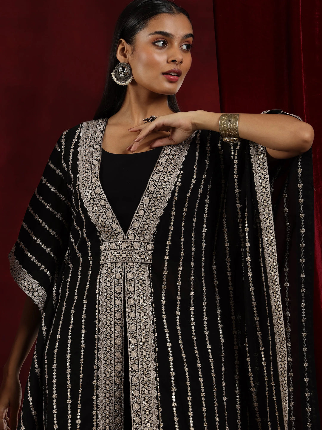  Libas Art Black Embroidered Georgette Straight Kurta Set 