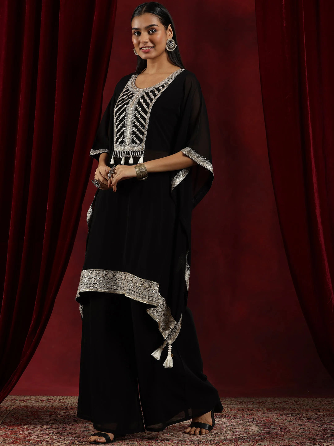  Libas Art Black Embroidered Georgette Straight Kurta Set 