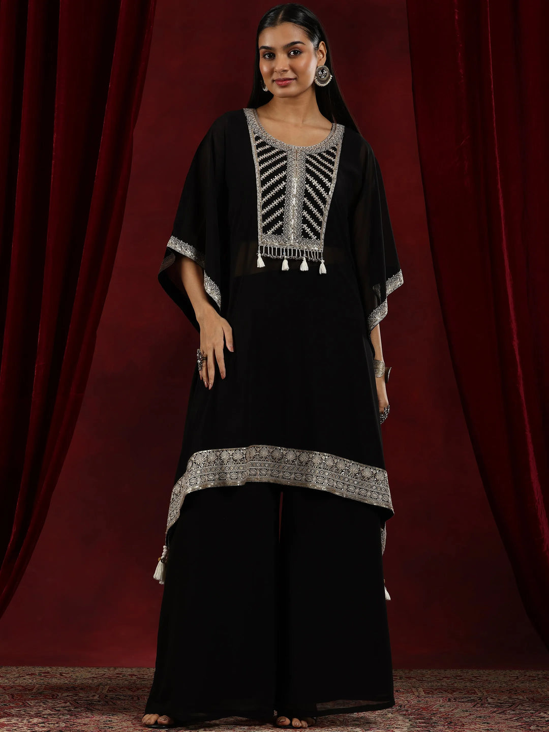  Libas Art Black Embroidered Georgette Straight Kurta Set 