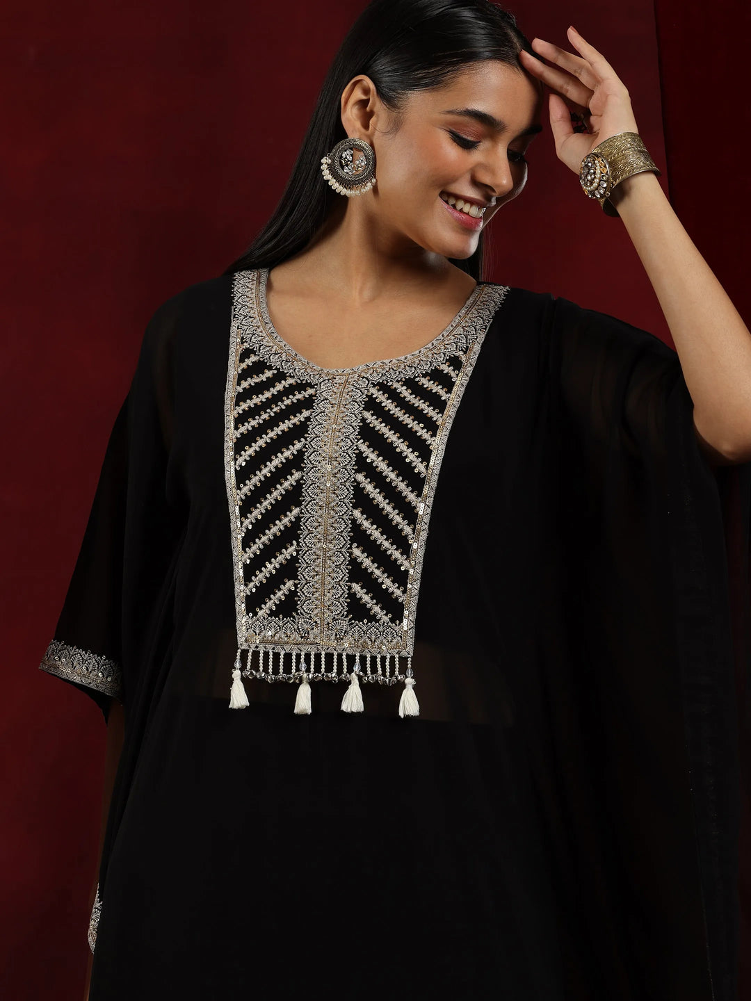  Libas Art Black Embroidered Georgette Straight Kurta Set 