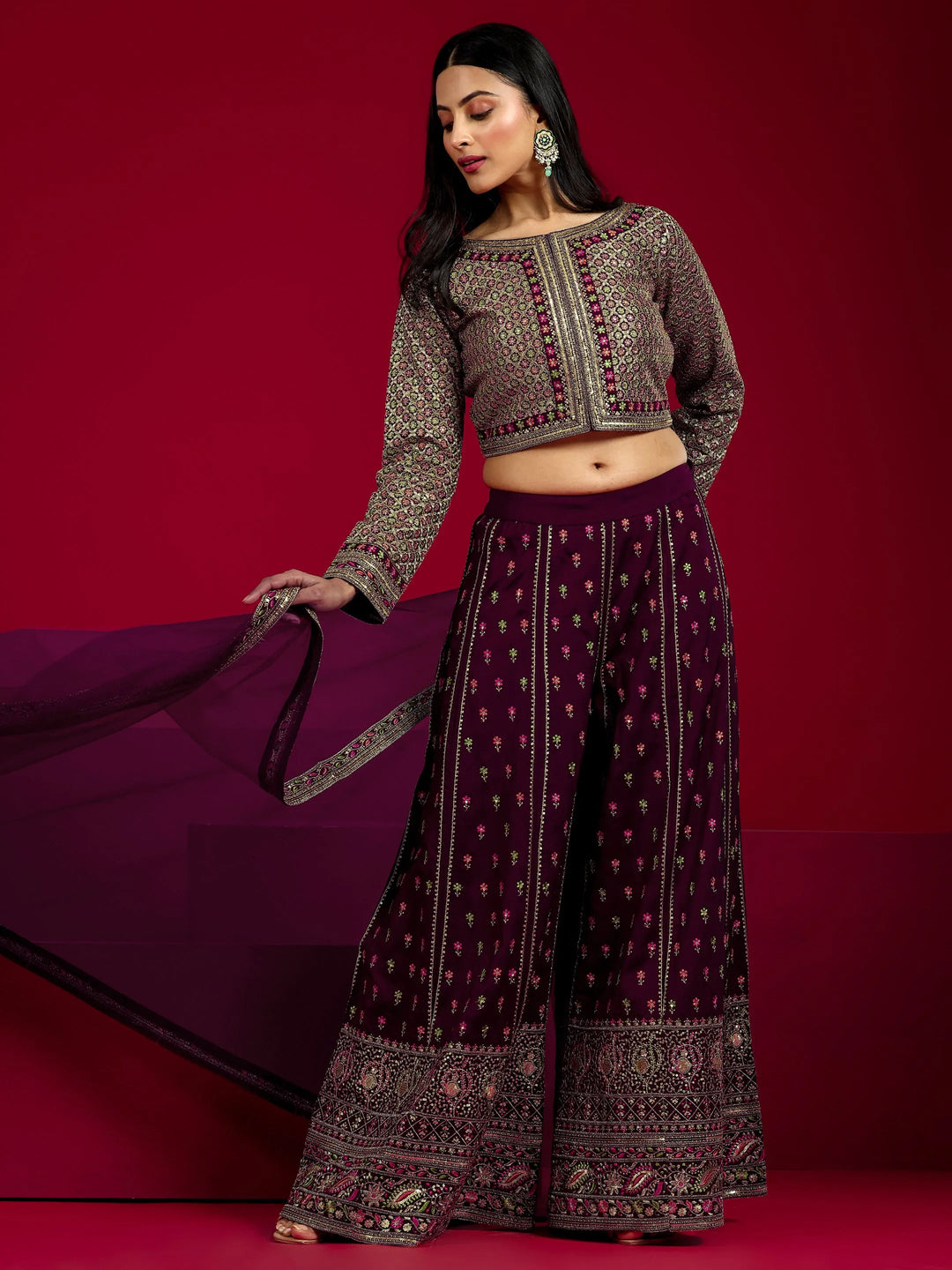  Libas Art Wine Embroidered Silk Blend 3 Piece Co-Ord Sets With Dupatta 
