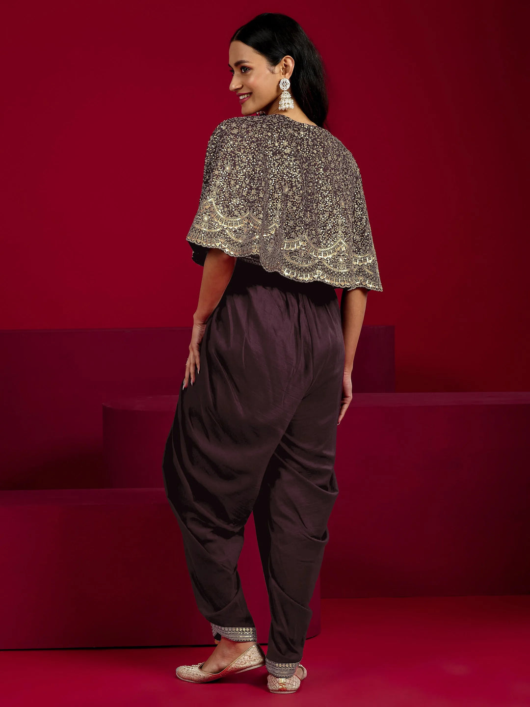  Libas Art Wine Embellished Silk Blend 3 Piece Co-Ord Sets With Poncho 