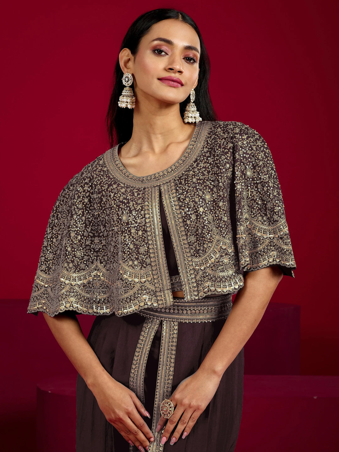  Libas Art Wine Embellished Silk Blend 3 Piece Co-Ord Sets With Poncho 