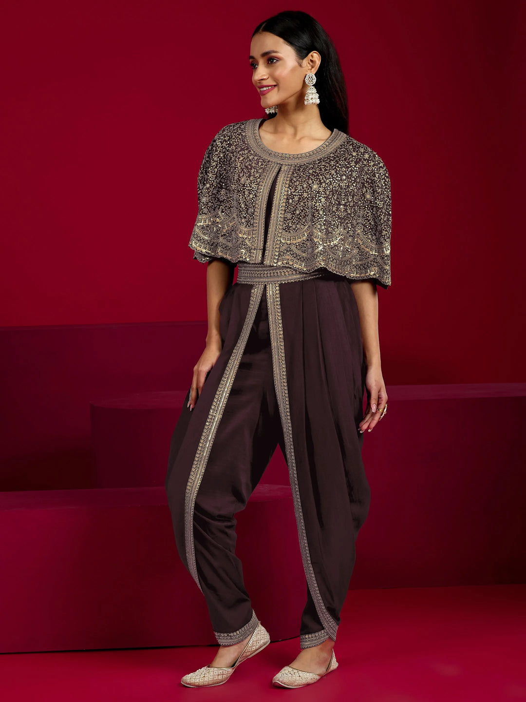  Libas Art Wine Embellished Silk Blend 3 Piece Co-Ord Sets With Poncho 