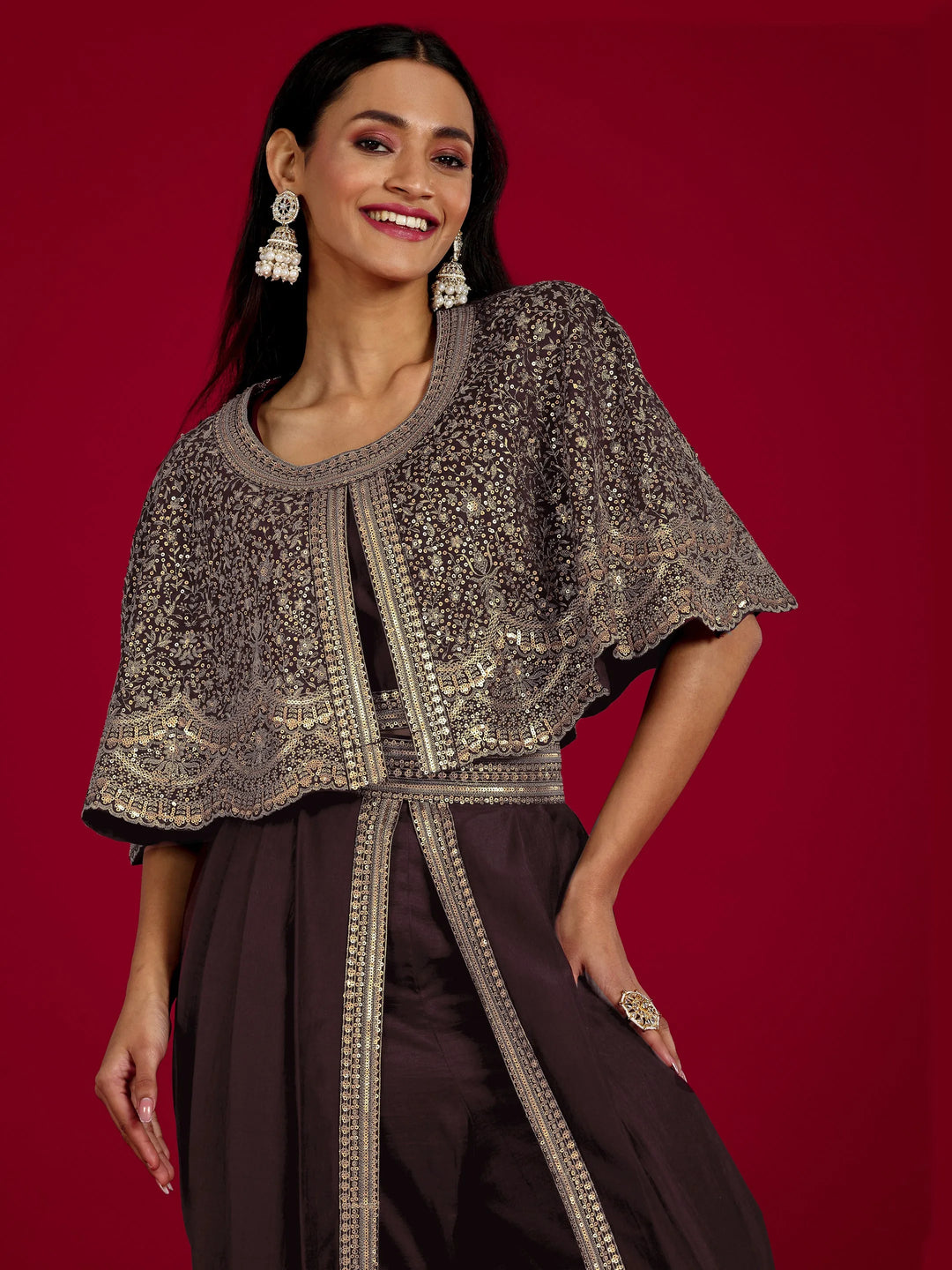 Libas Art Wine Embellished Silk Blend 3 Piece Co-Ord Sets With Poncho