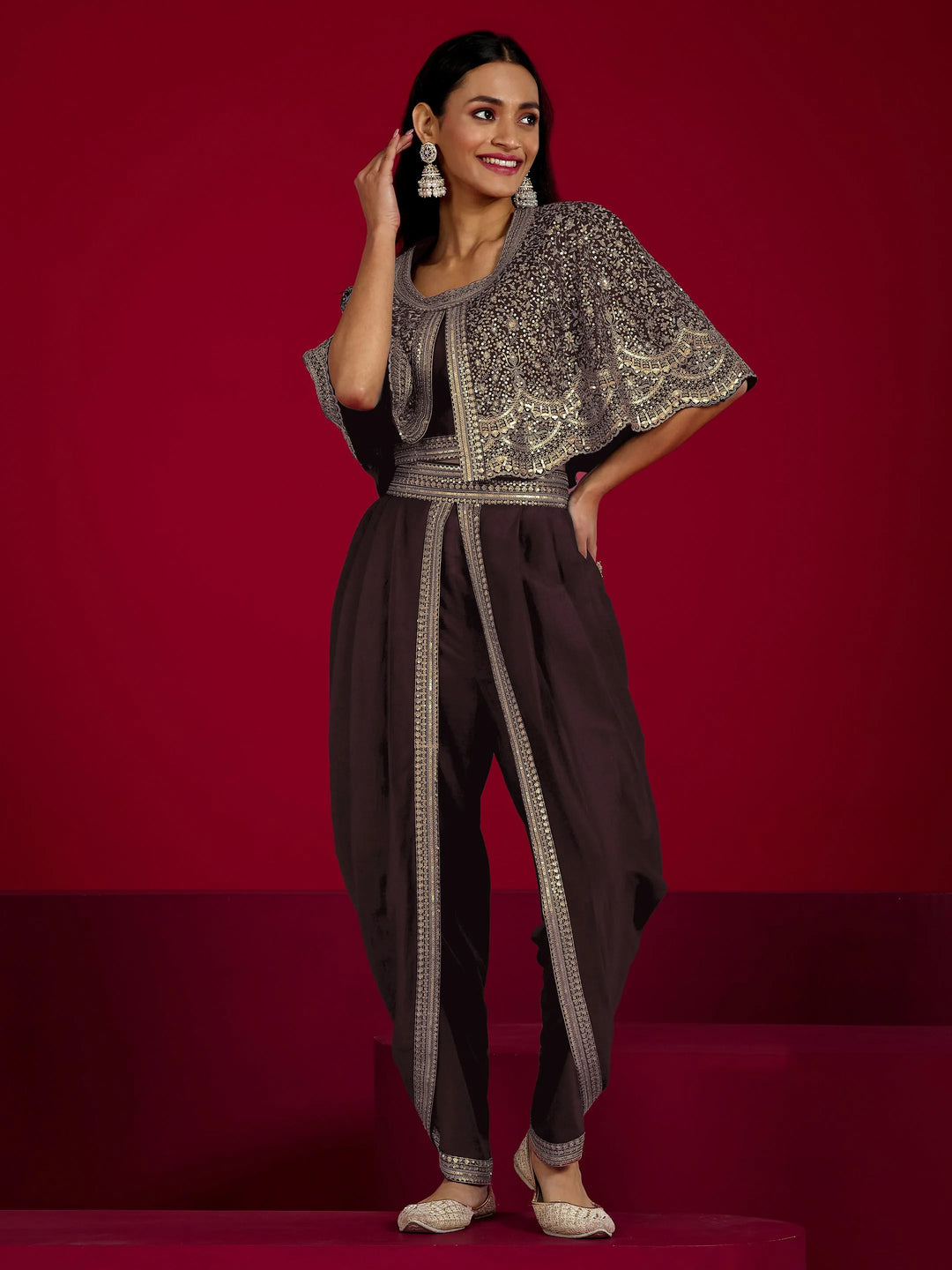  Libas Art Wine Embellished Silk Blend 3 Piece Co-Ord Sets With Poncho 