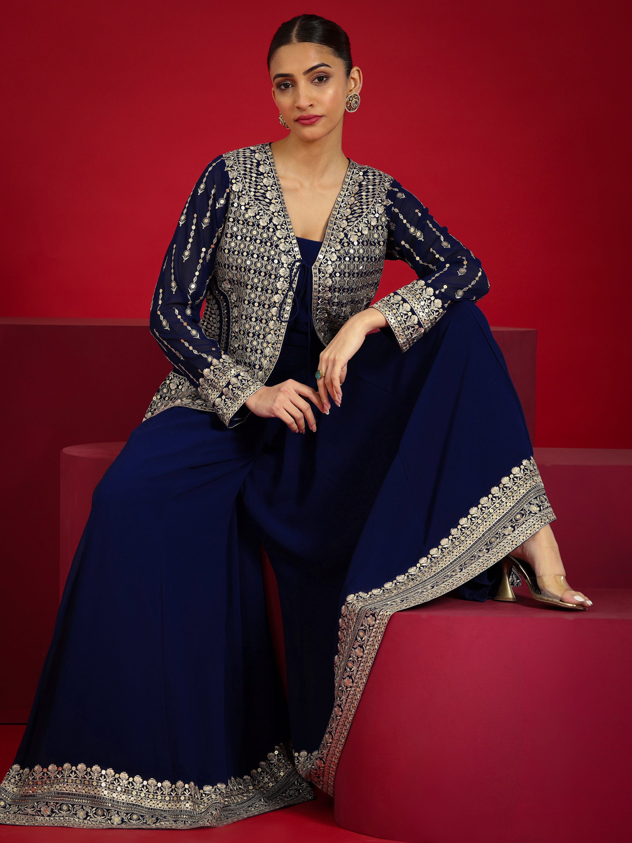 Libas Art Blue Embellished Georgette Co-Ord Sets-picture-16