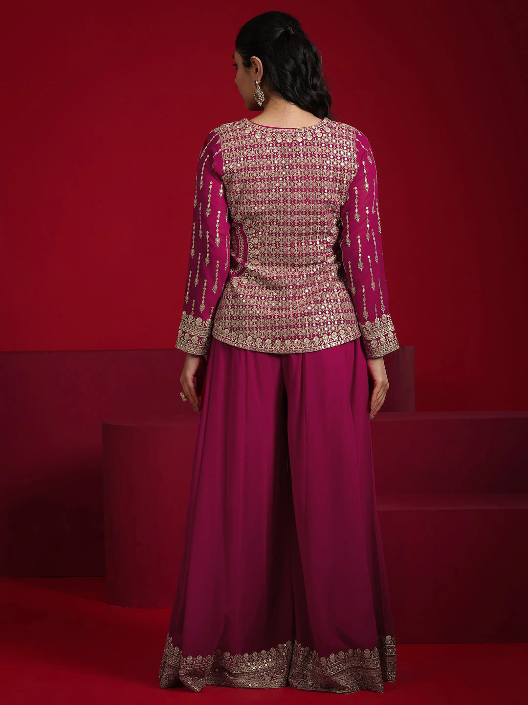  Libas Art Pink Embellished Georgette 3 Piece Co-Ord Sets With Jacket 