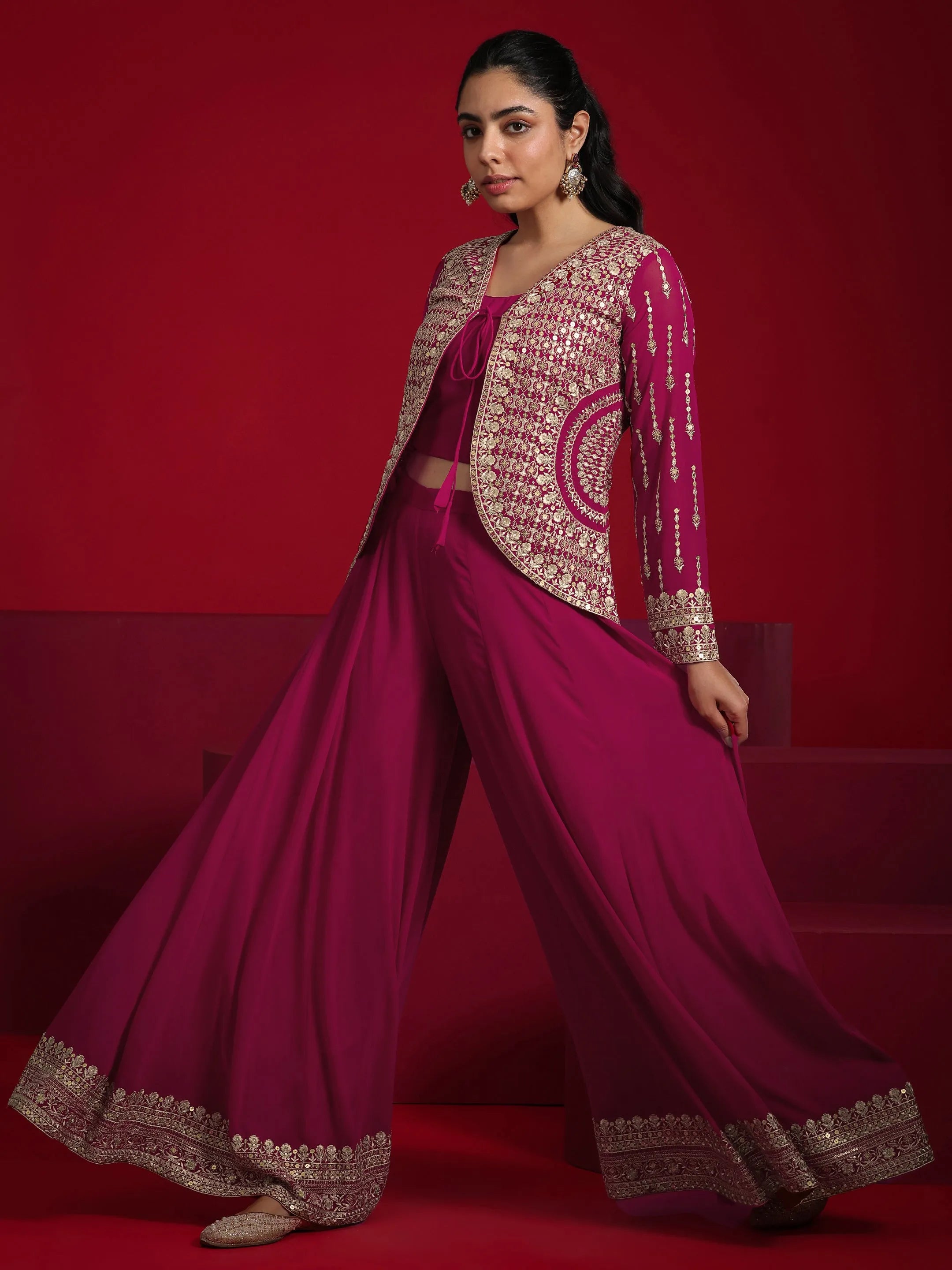 Libas Art Pink Embellished Georgette 3 Piece Co-Ord Sets With Jacket-image-10