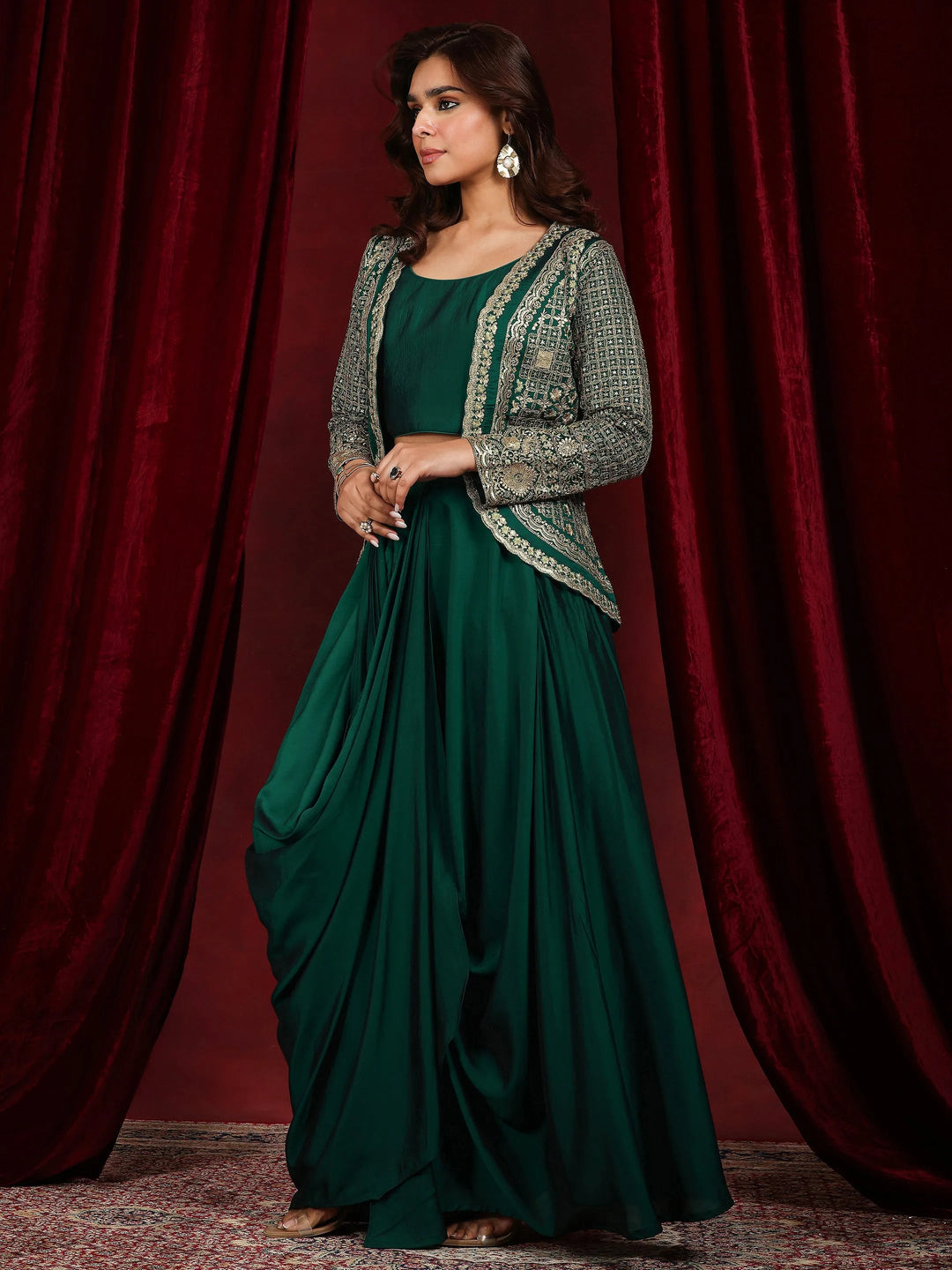 Buy Libas Art Green Embroidered Silk Blend 3 Piece Co-Ords With Shrug Online at Rs.6399 | Libas Buy Libas Art Green Embroidered Silk Blend 3 Piece Co-Ords With Shrug Online at Rs.6399 | Libas