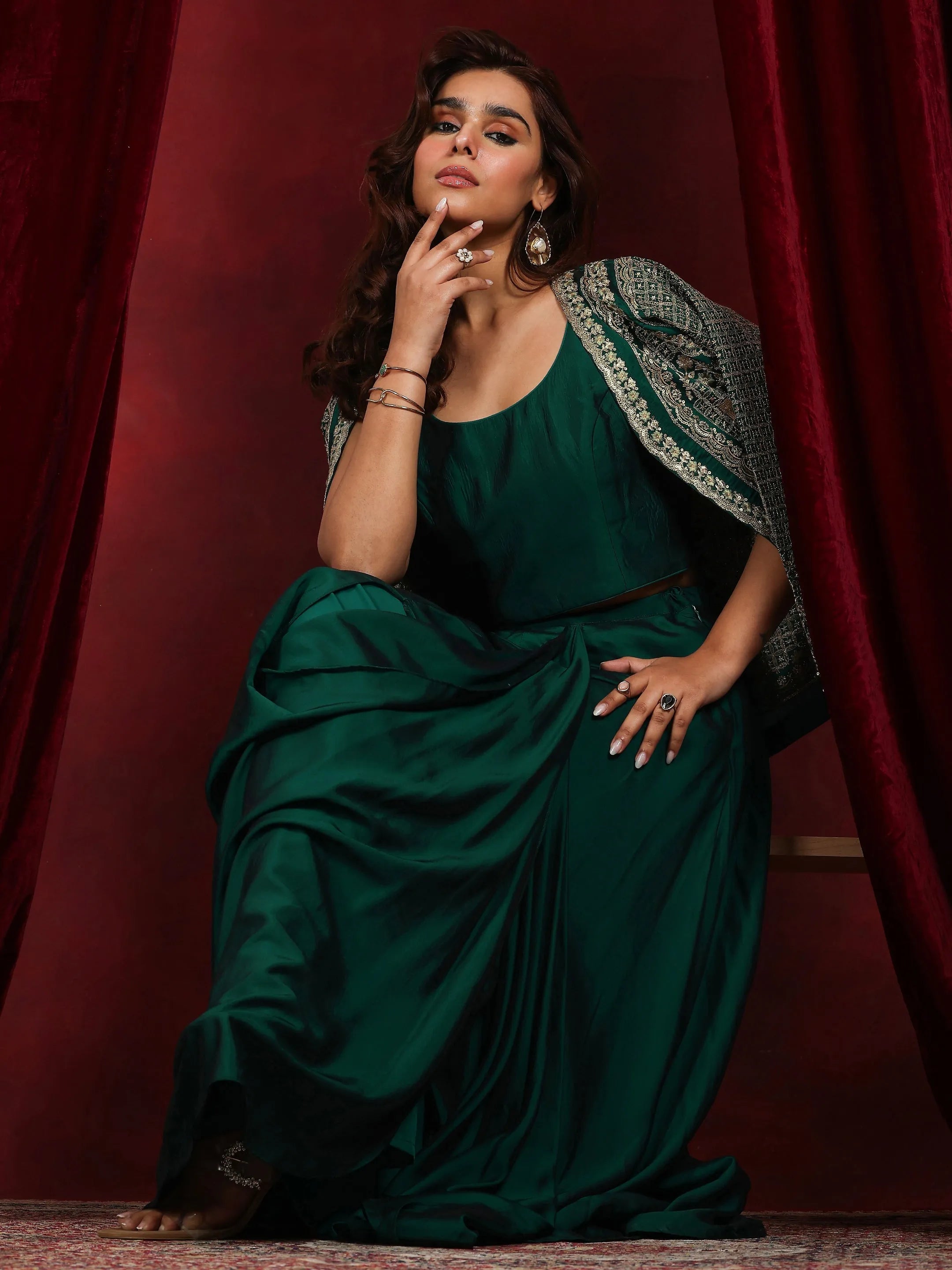 Libas Art Green Embroidered Silk Blend 3 Piece Co-Ords With Shrug-image-35