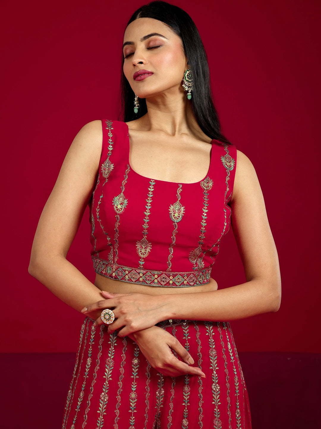  Libas Art Red Embroidered Georgette 3 Piece Co-Ord Sets With Shrug 