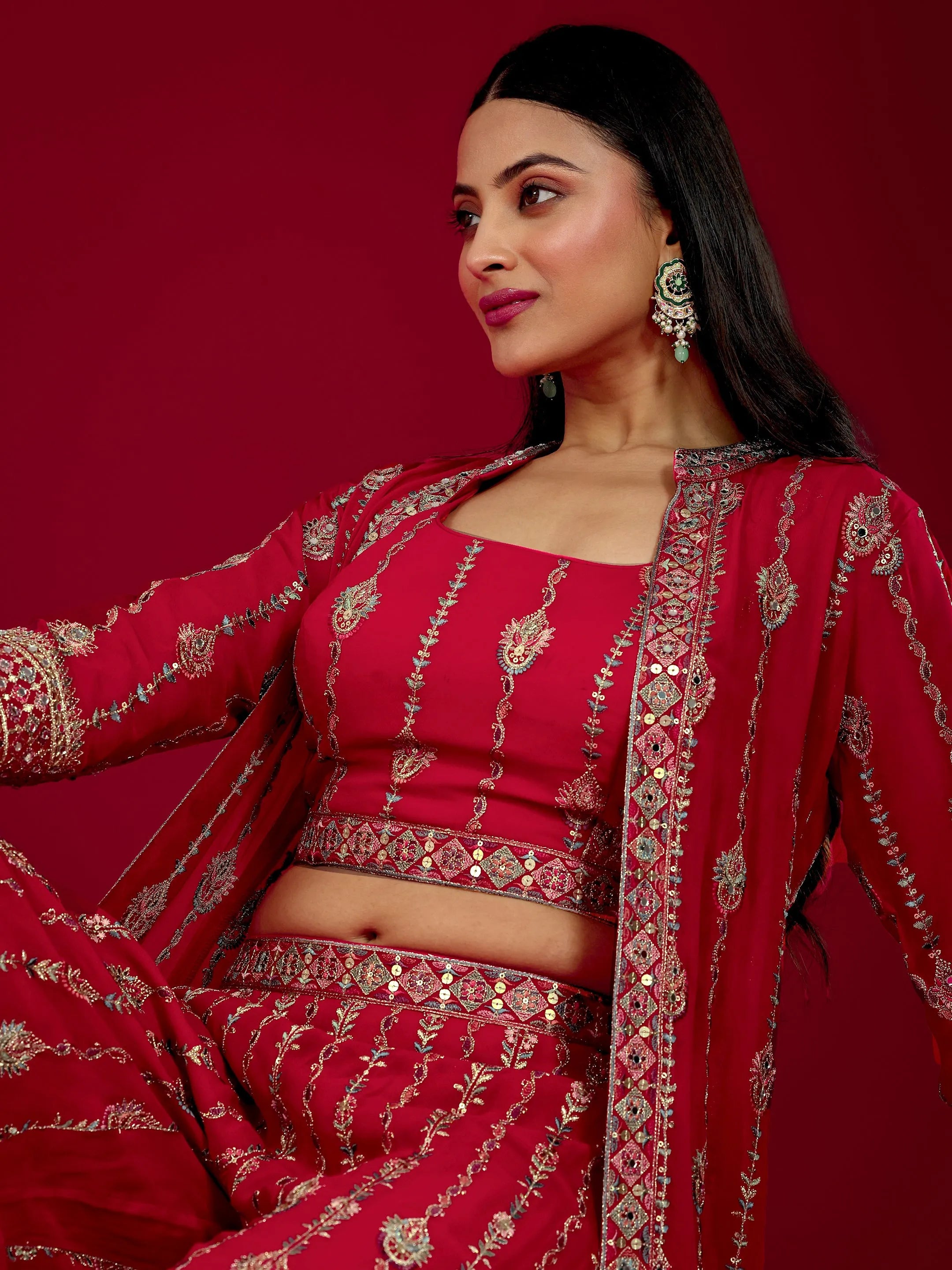 Libas Art Red Embroidered Georgette 3 Piece Co-Ord Sets With Shrug-picture-55