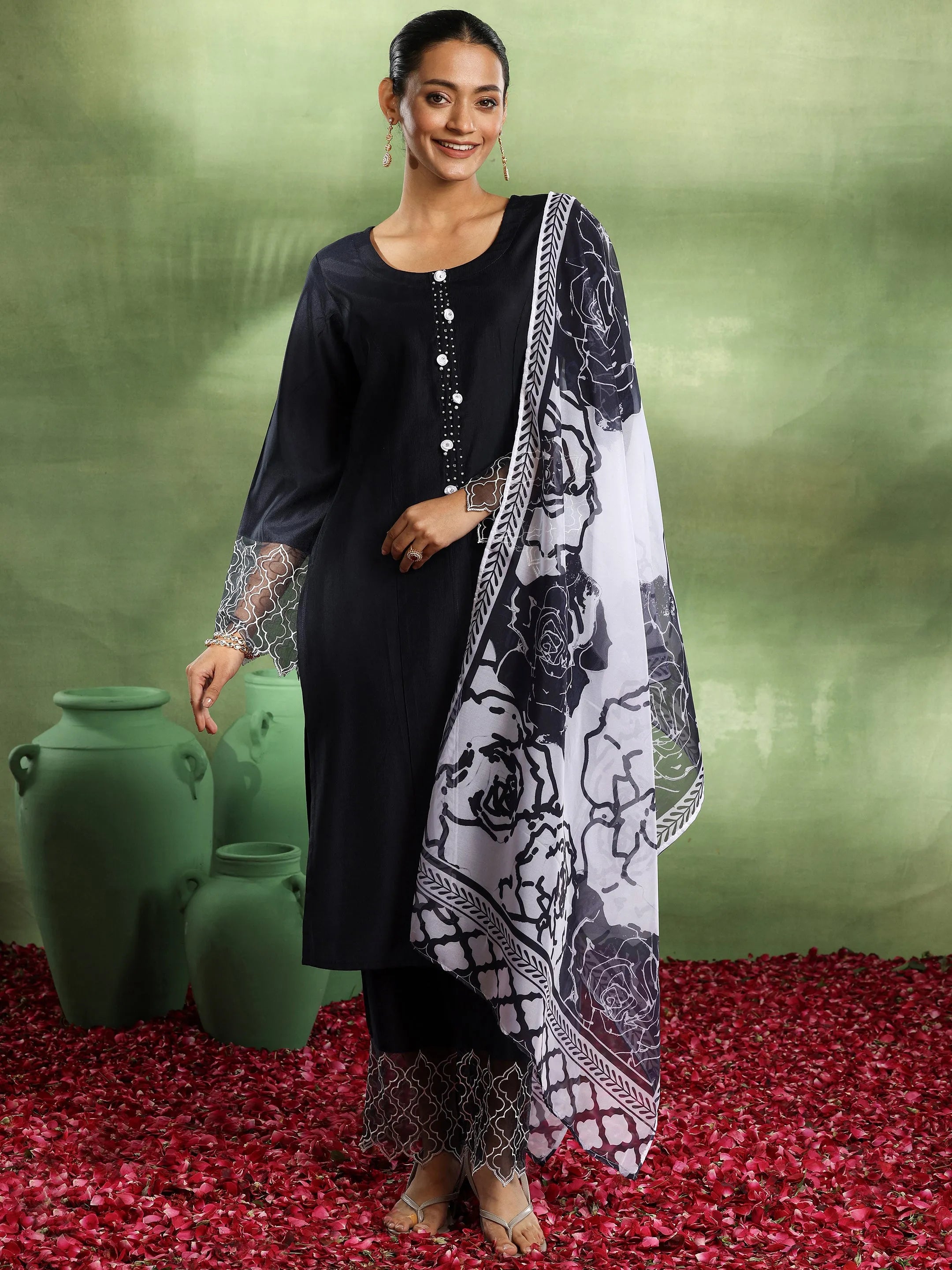 libas Navy Blue Solid Silk Blend Straight Suit With Dupatta-picture-20