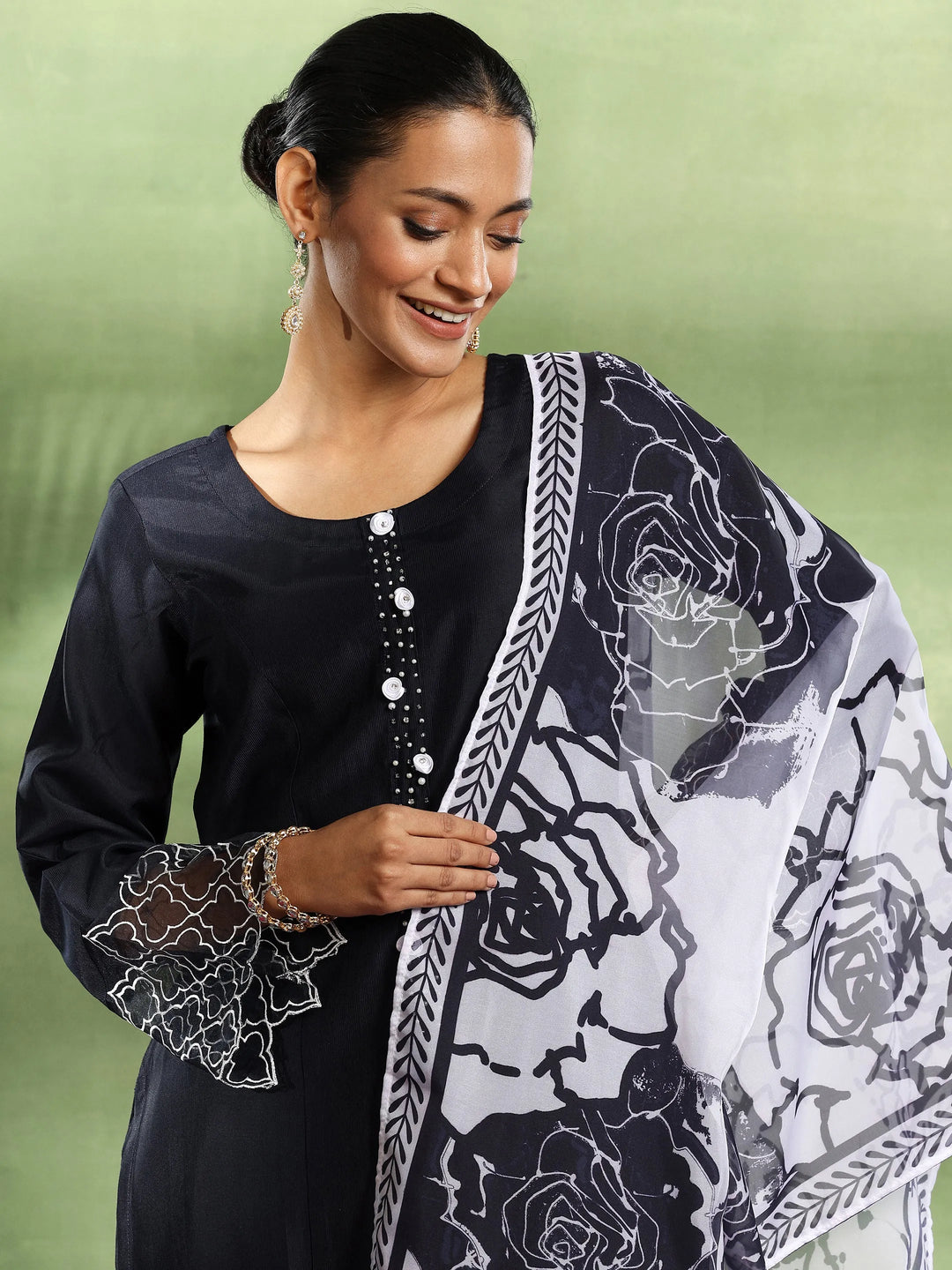  Navy Blue Solid Silk Blend Straight Suit With Dupatta 