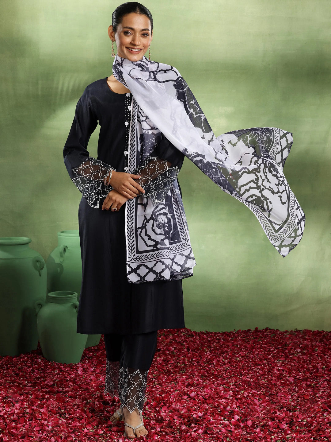  Navy Blue Solid Silk Blend Straight Suit With Dupatta 