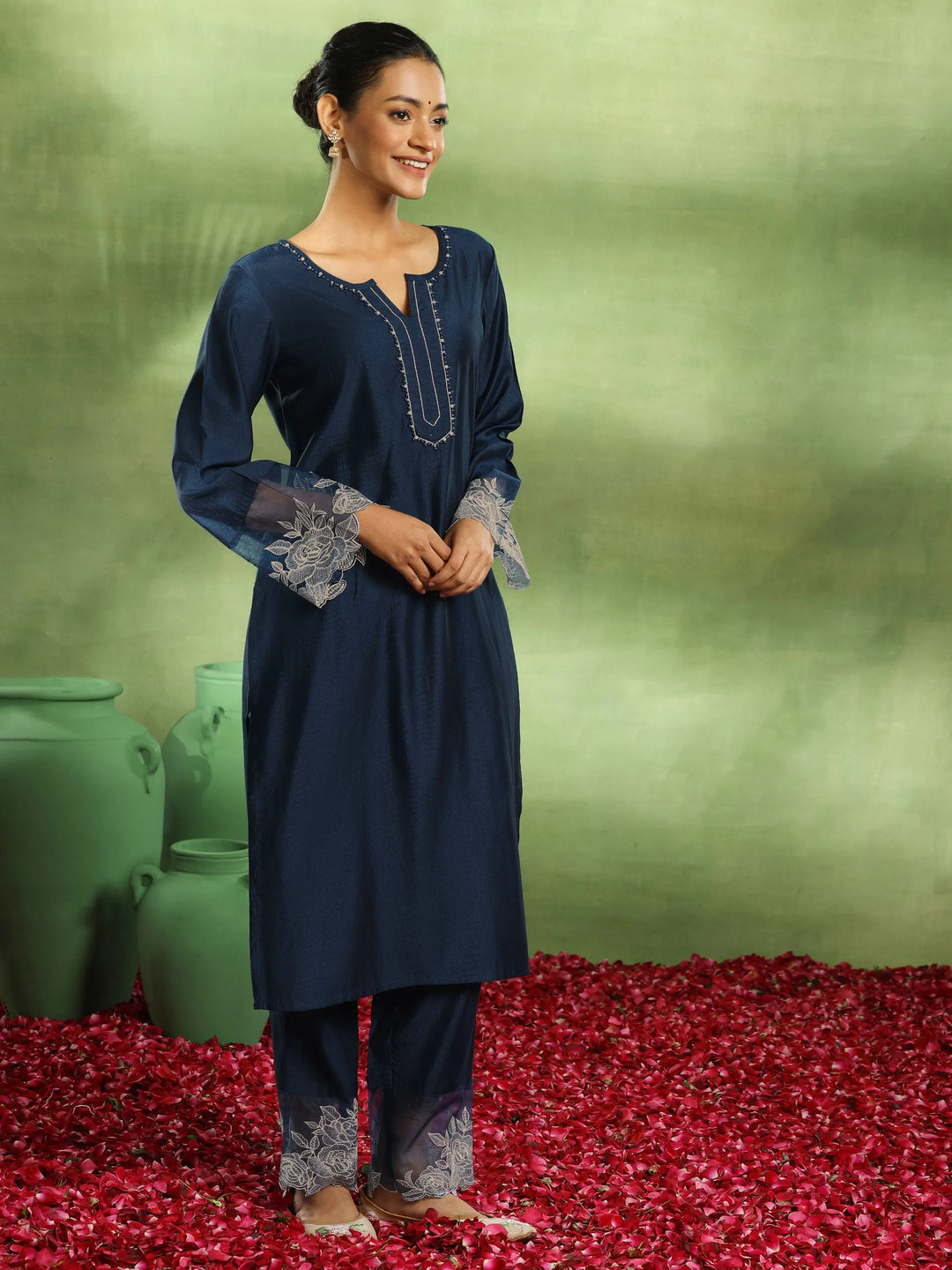  Teal Yoke Design Silk Blend Straight Suit With Dupatta 