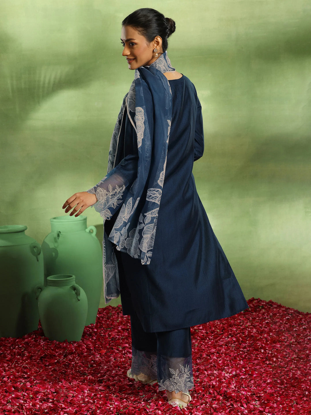  Teal Yoke Design Silk Blend Straight Suit With Dupatta 