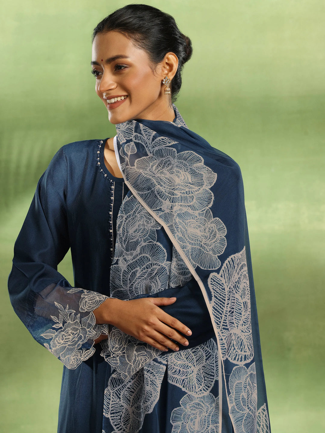  Teal Yoke Design Silk Blend Straight Suit With Dupatta 