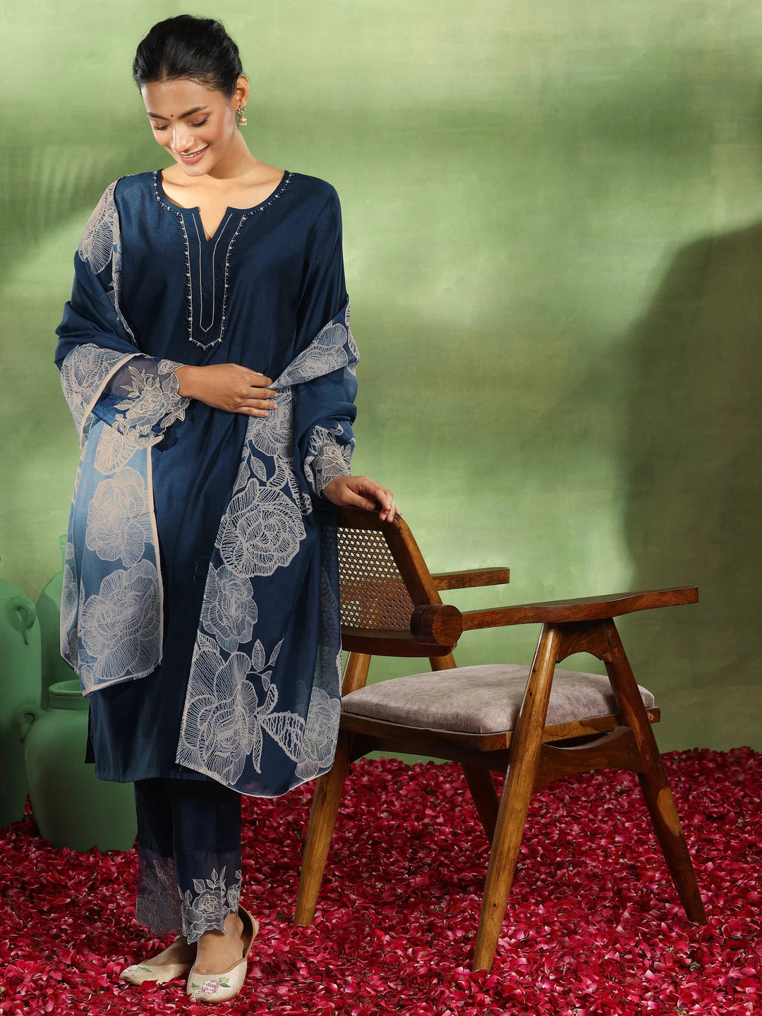  Teal Yoke Design Silk Blend Straight Suit With Dupatta 