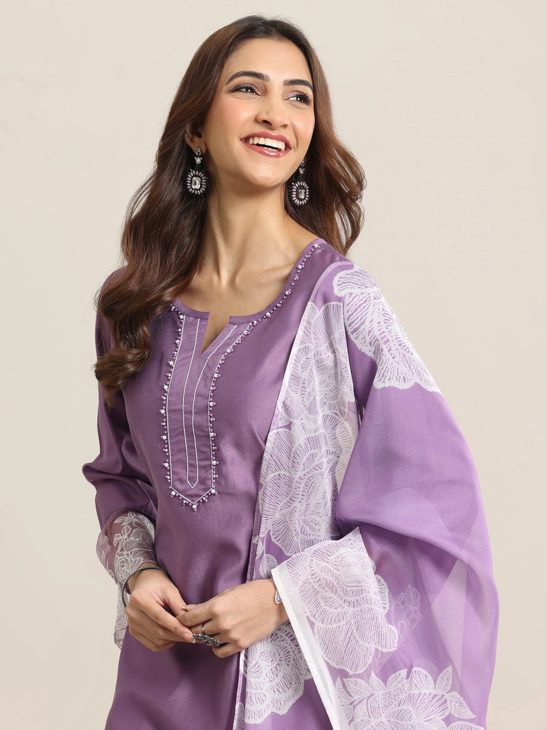  Purple Yoke Design Silk Blend Straight Suit Set With Dupatta 