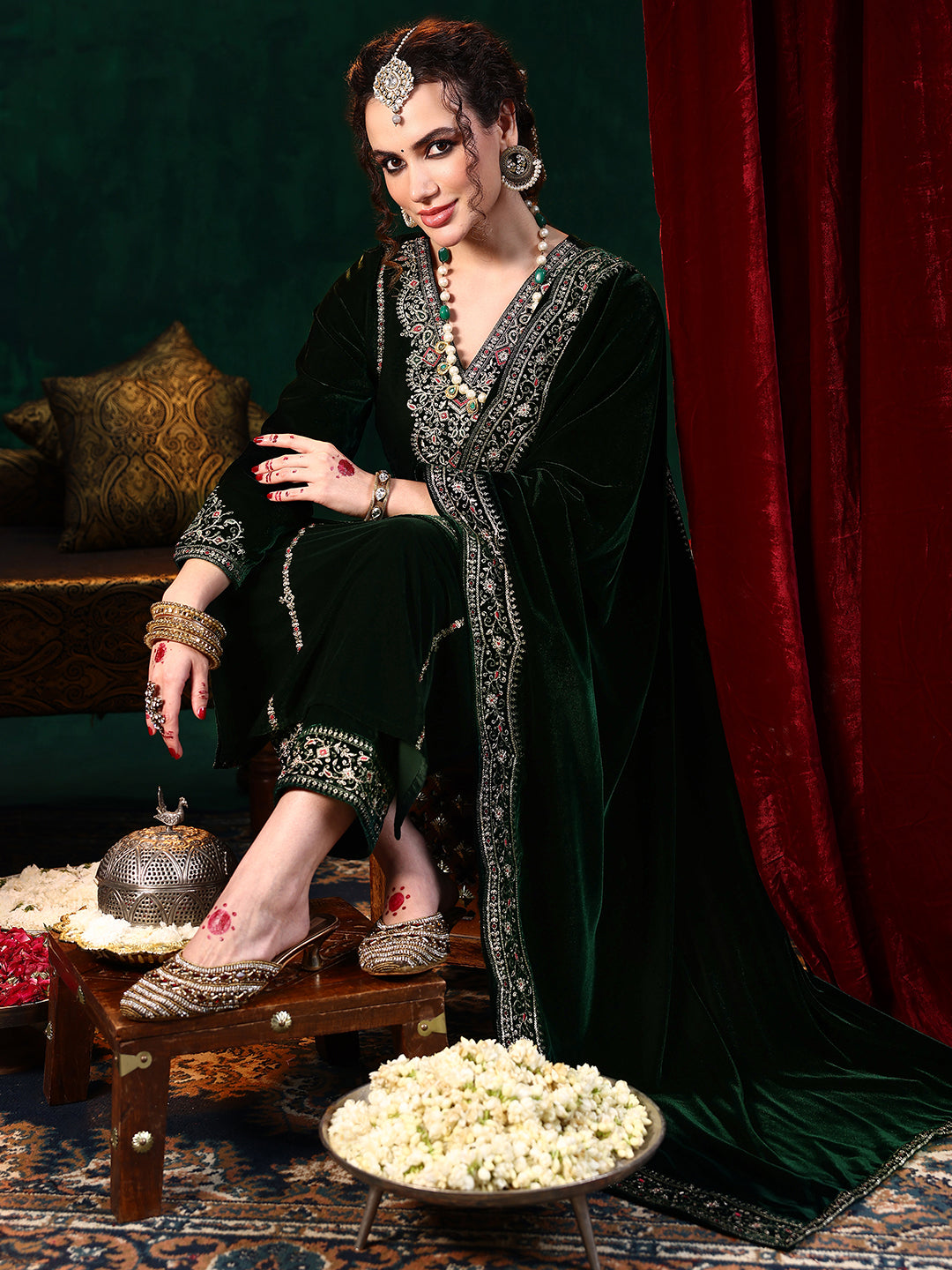 libas Green Embroidered Velvet Straight Suit With Dupatta-picture-57