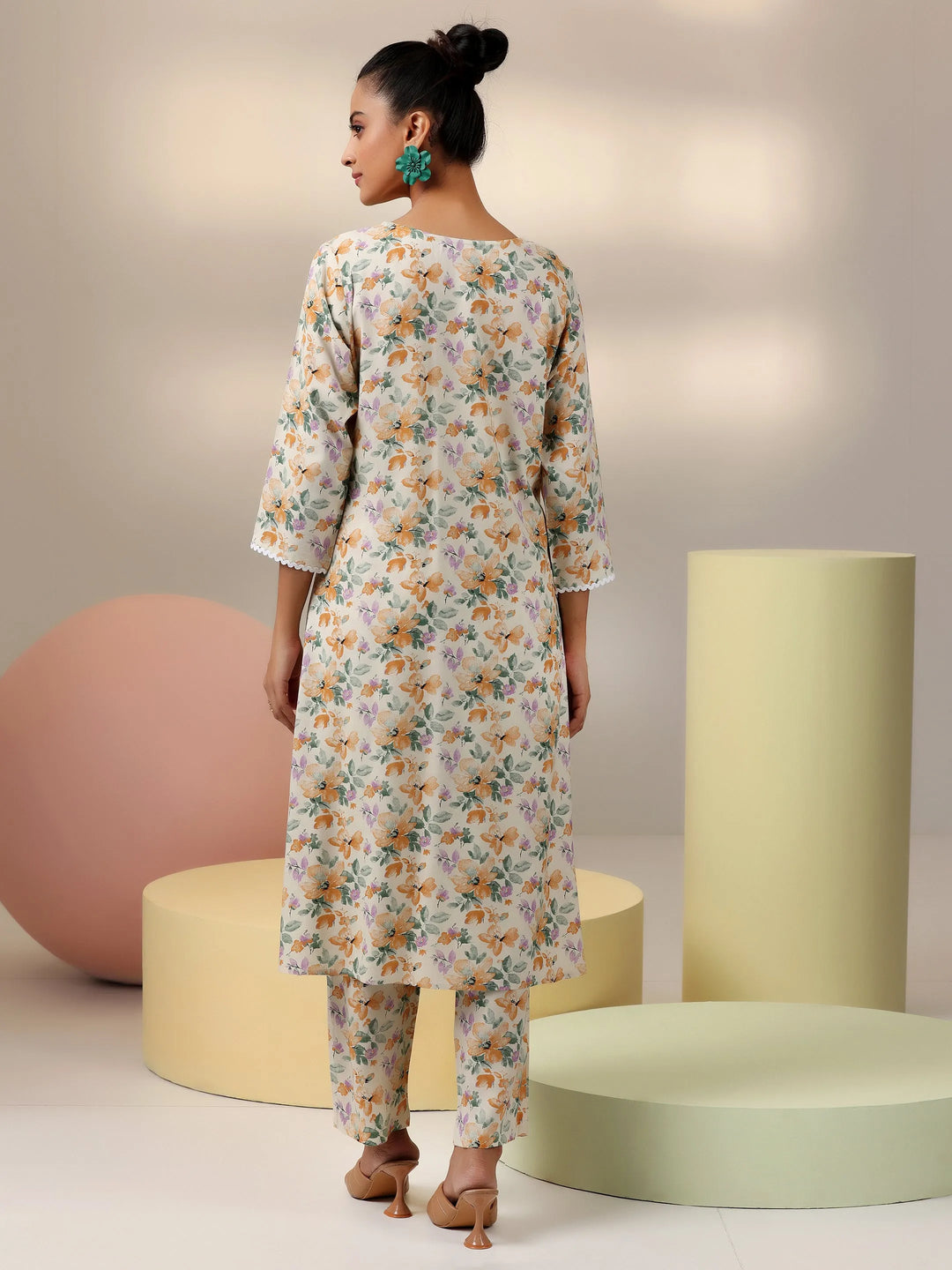  Beige Printed Rayon Co-Ords 
