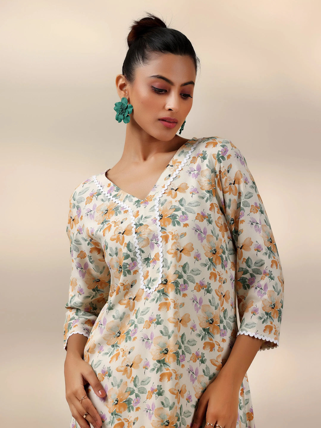  Beige Printed Rayon Co-Ords 
