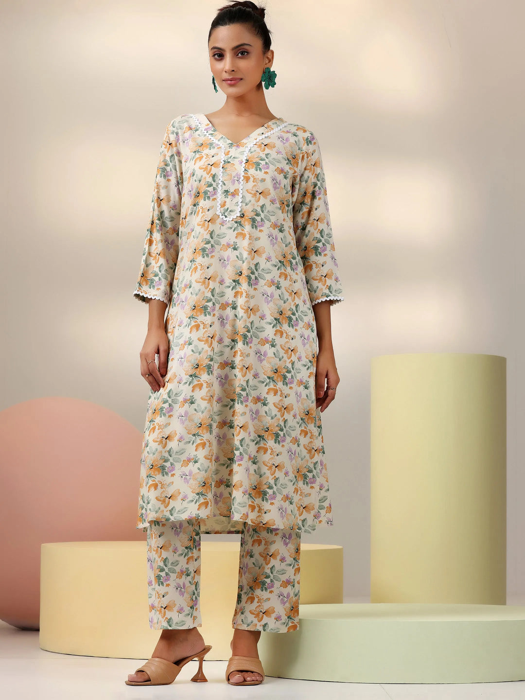  Beige Printed Rayon Co-Ords 