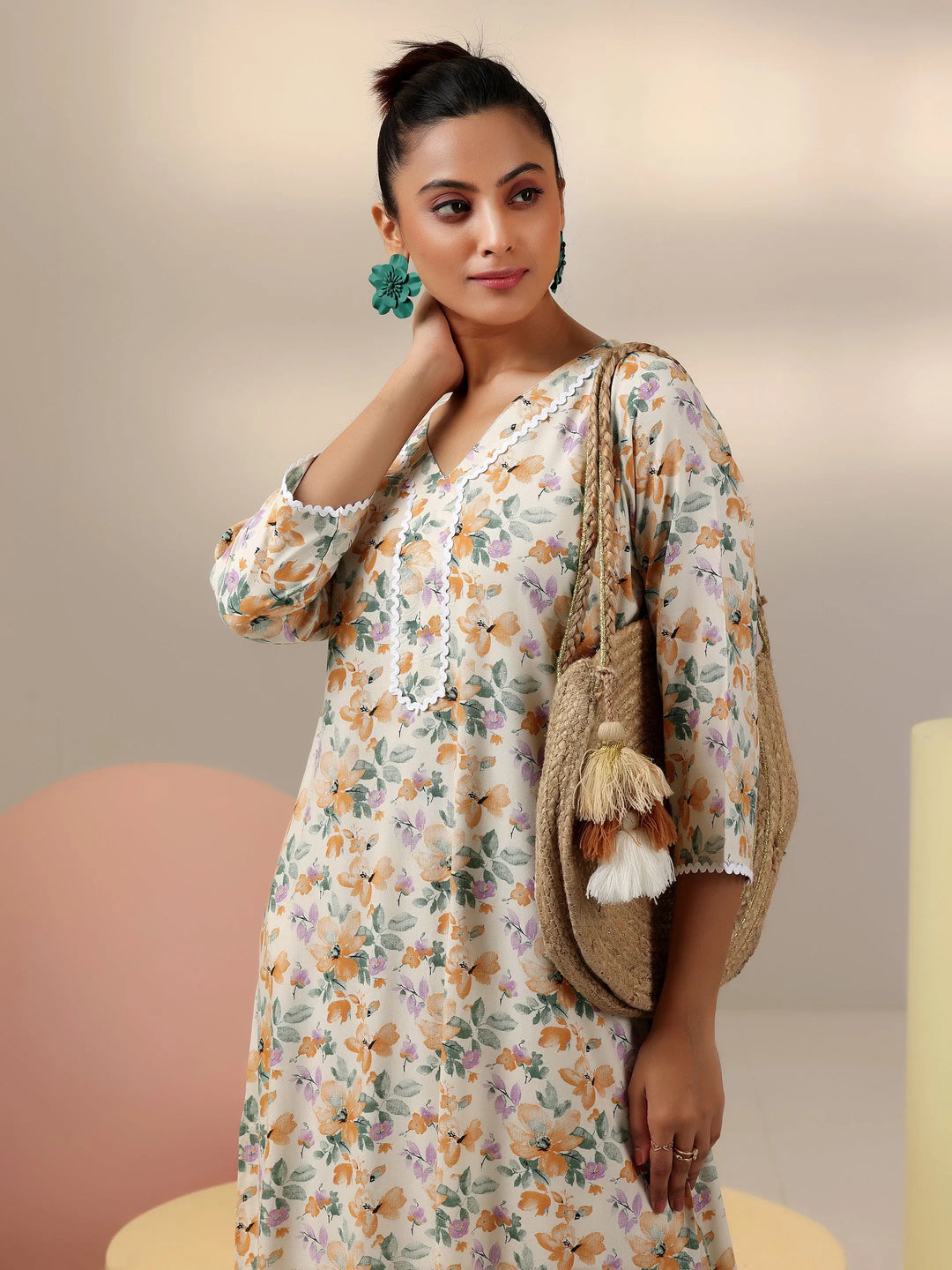  Beige Printed Rayon Co-Ords 