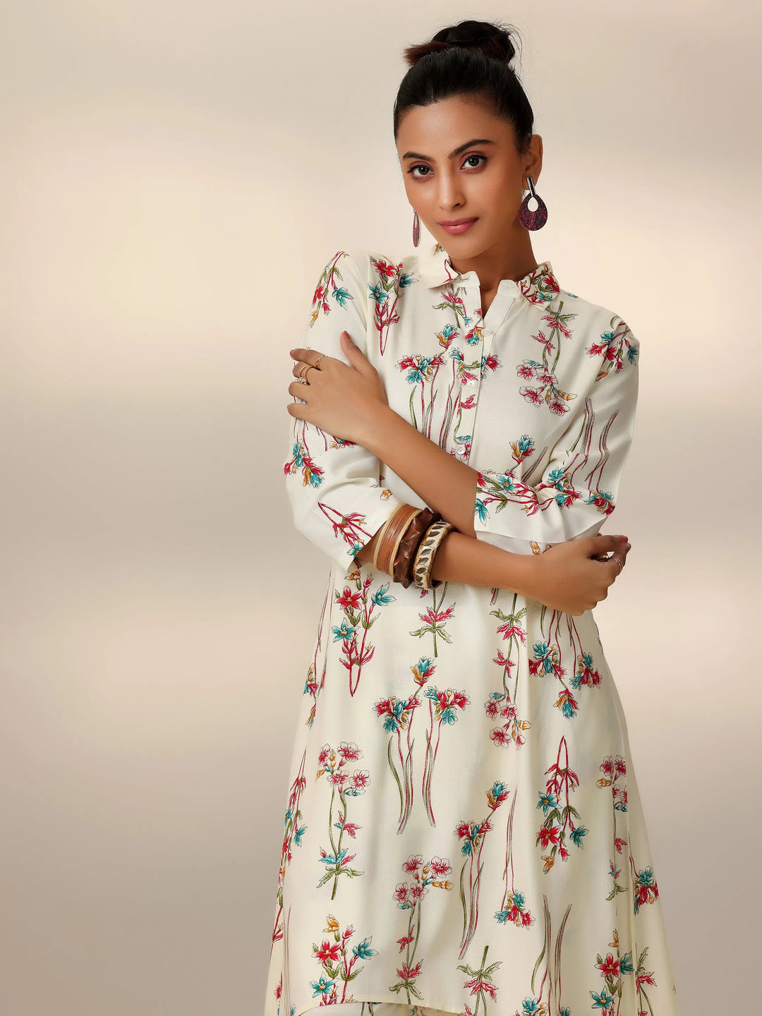  Cream Printed Rayon Co-Ords 