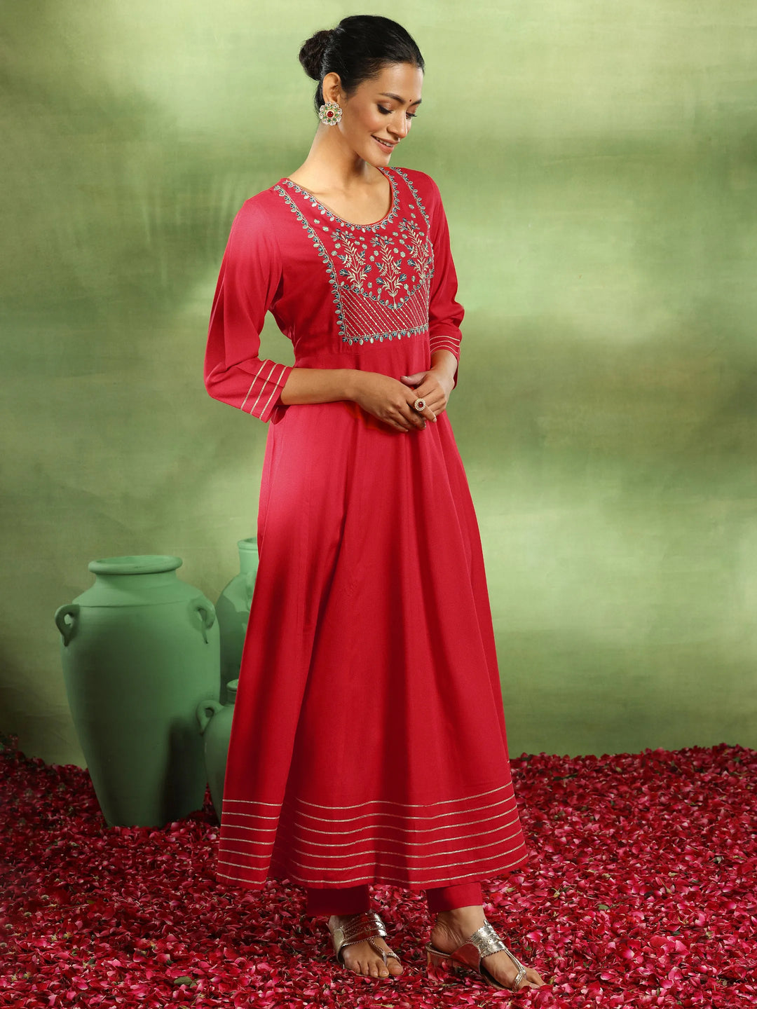  Red Yoke Design Rayon Anarkali Suit With Dupatta 