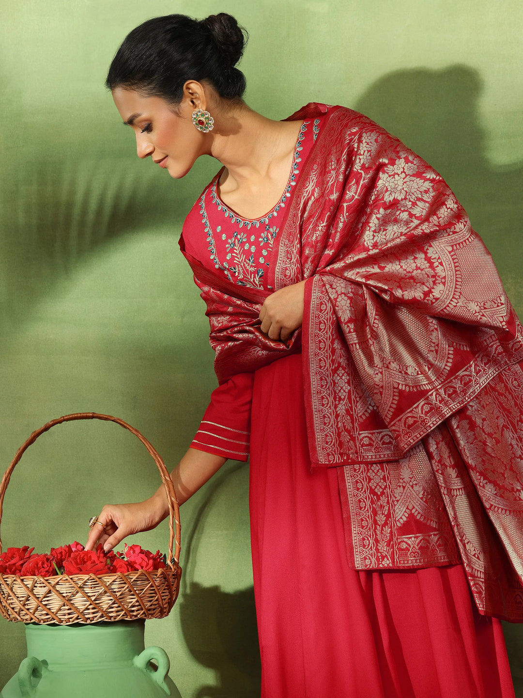  Red Yoke Design Rayon Anarkali Suit With Dupatta 