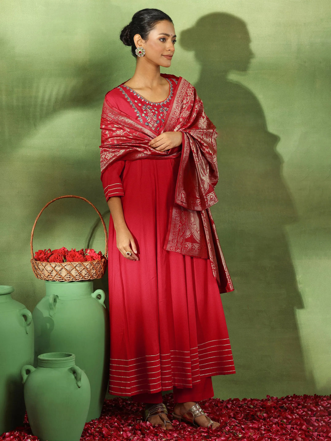  Red Yoke Design Rayon Anarkali Suit With Dupatta 