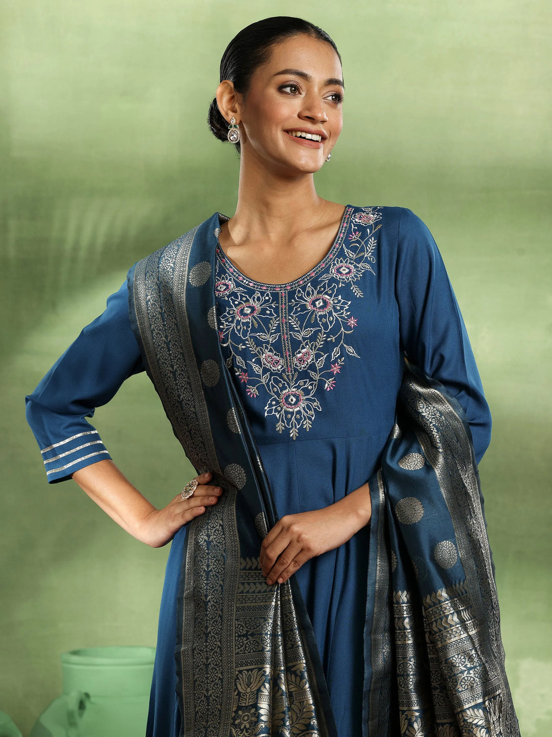  Blue Yoke Design Rayon Anarkali Suit With Dupatta 