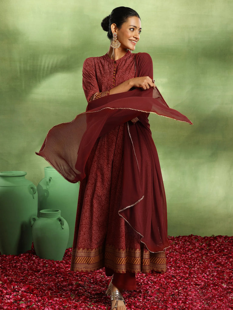 Libas Maroon Printed Rayon Anarkali Suit With Dupatta