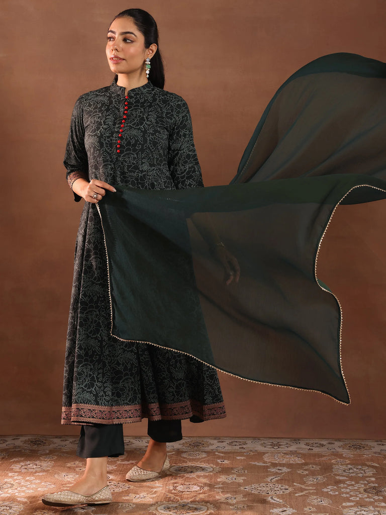 Libas Green Printed Rayon Anarkali Suit With Dupatta
