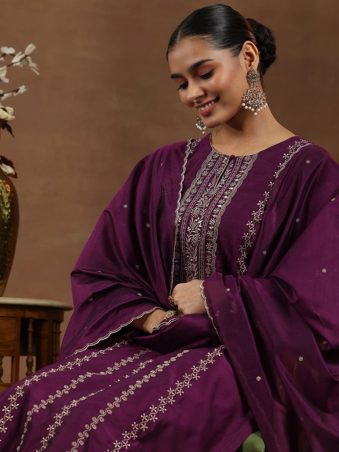  Wine Embroidered Chanderi Silk Straight Suit With Dupatta 