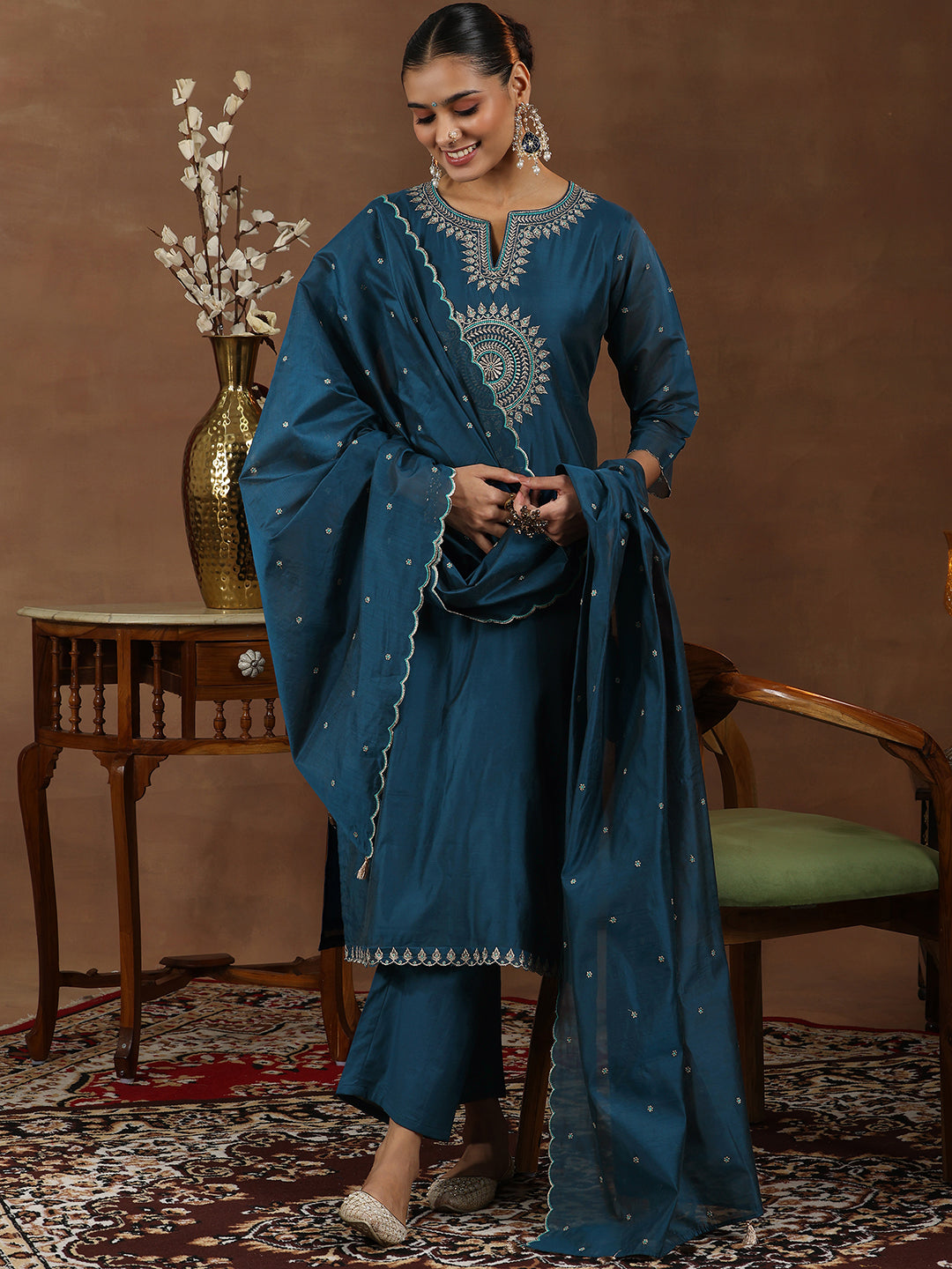Navy Blue Embroidered Chanderi Silk Straight Suit With Dupatta-image-47