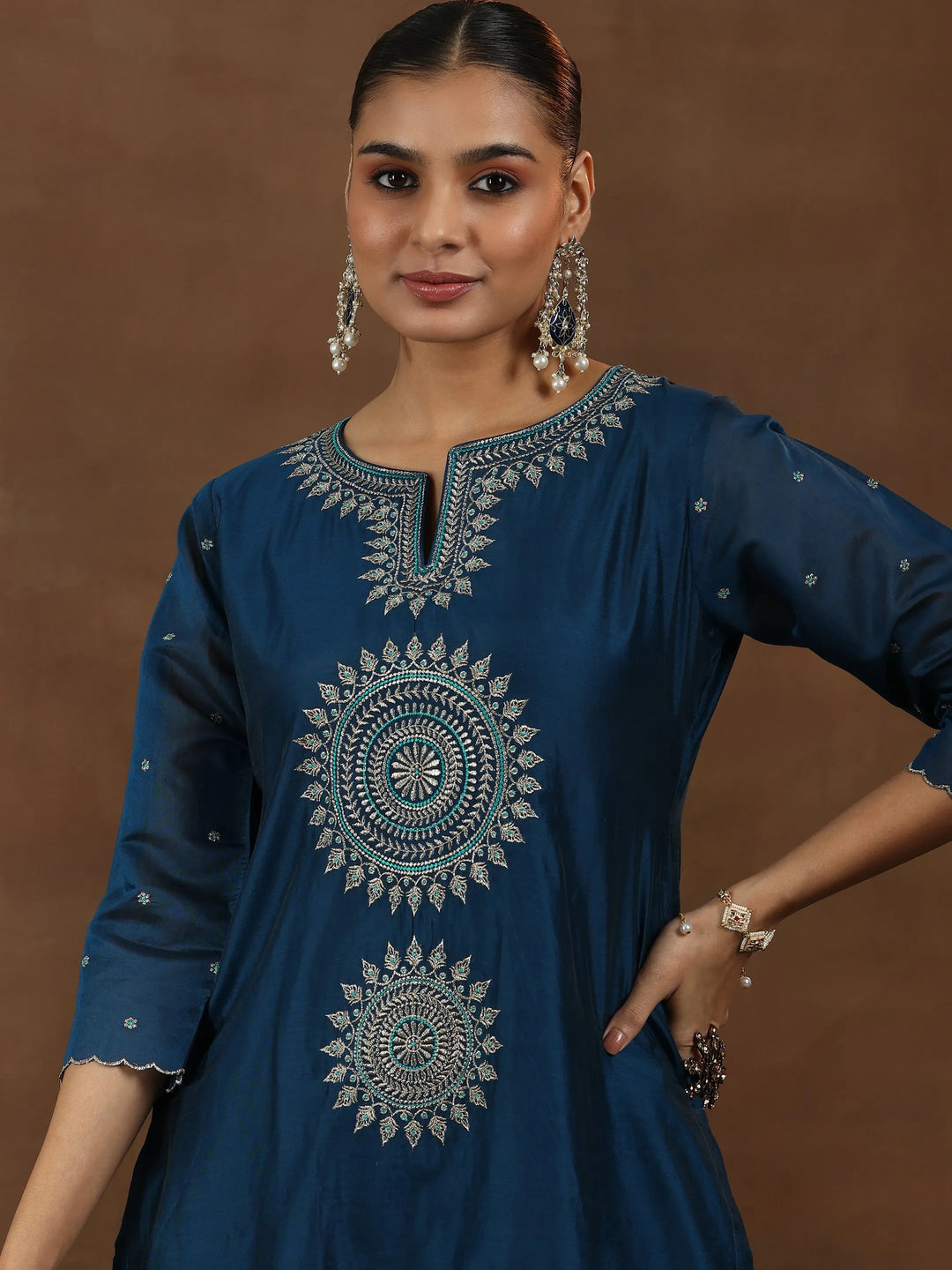  Navy Blue Embroidered Chanderi Silk Straight Suit With Dupatta 