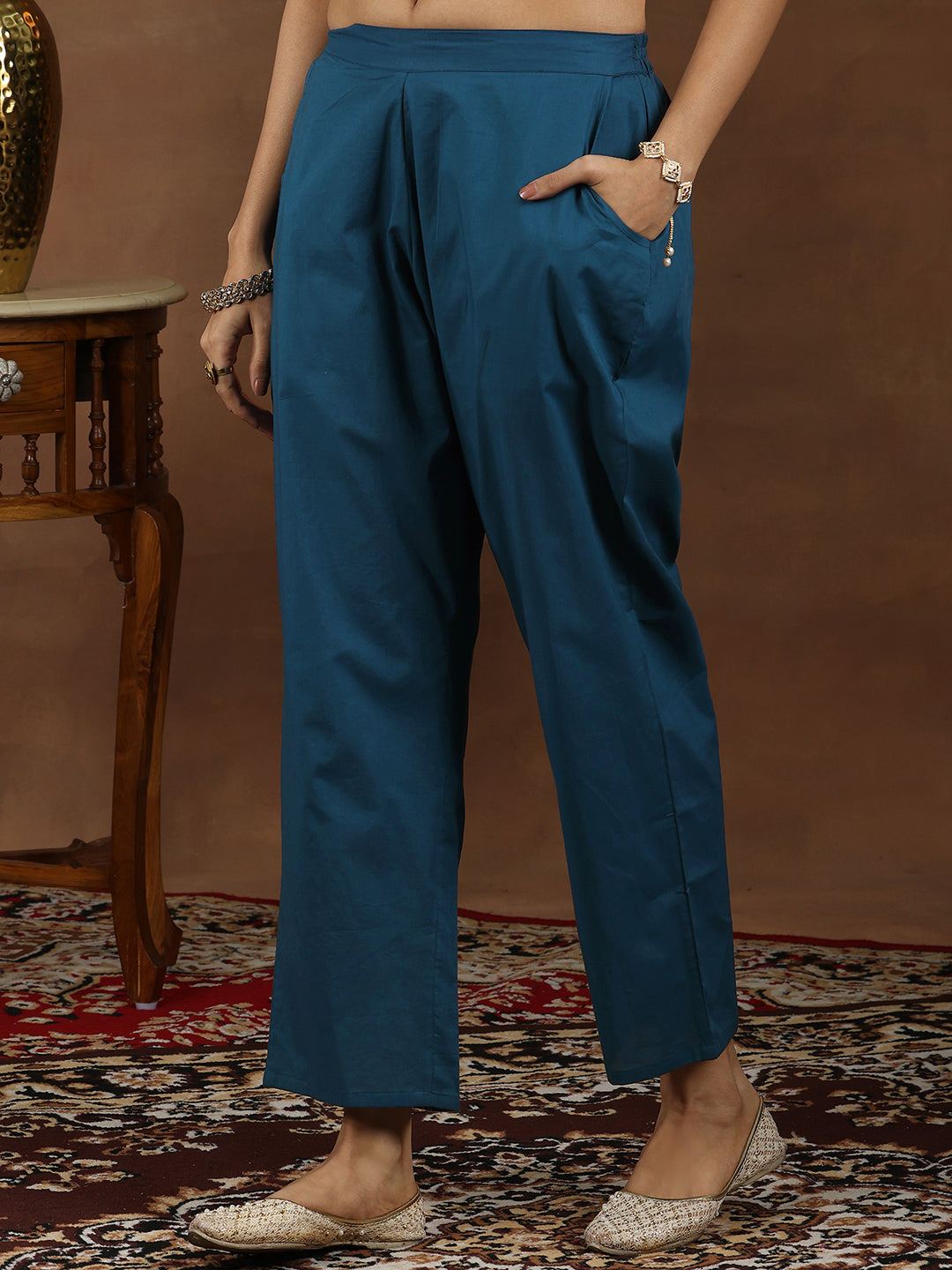  Navy Blue Embroidered Chanderi Silk Straight Suit With Dupatta 