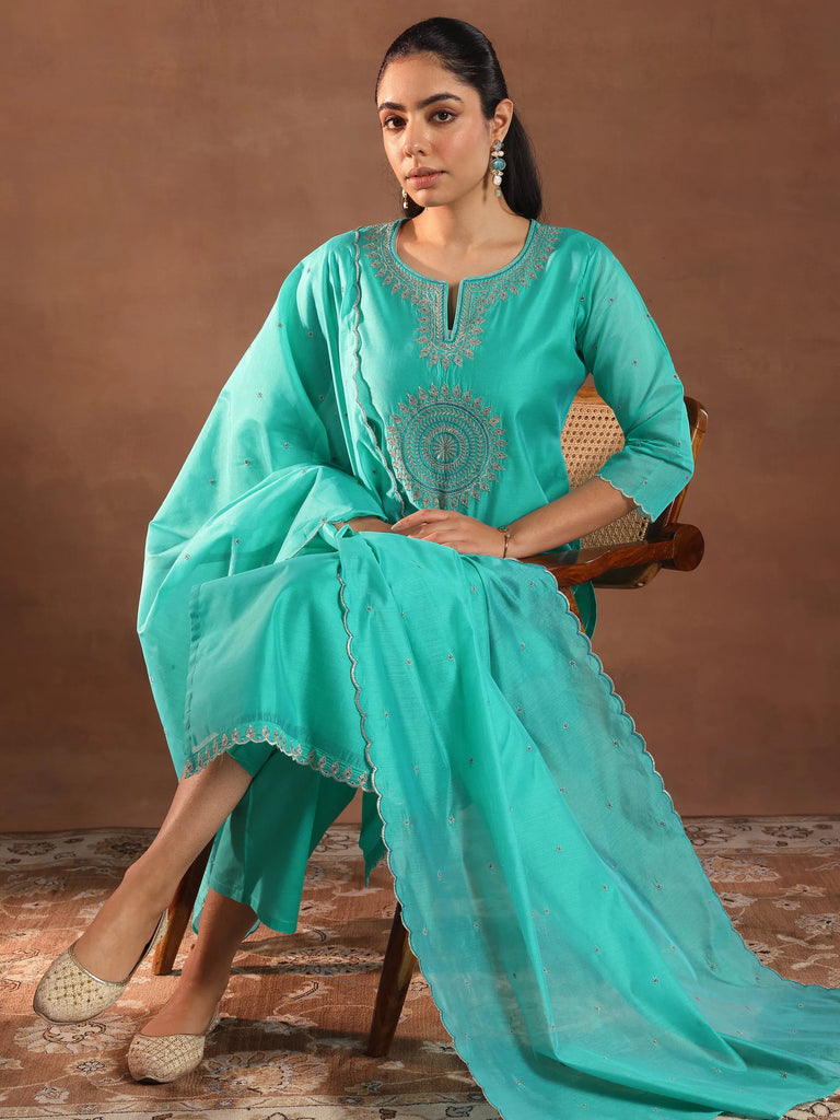Libas Turquoise Blue Embroidered Chanderi Silk Straight Suit With Dupatta
