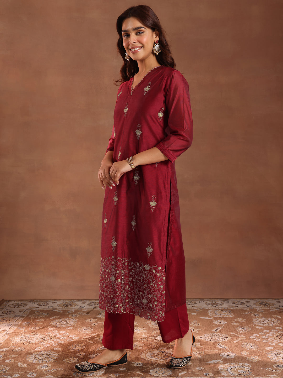  Maroon Embroidered Chanderi Silk Straight Suit With Dupatta 